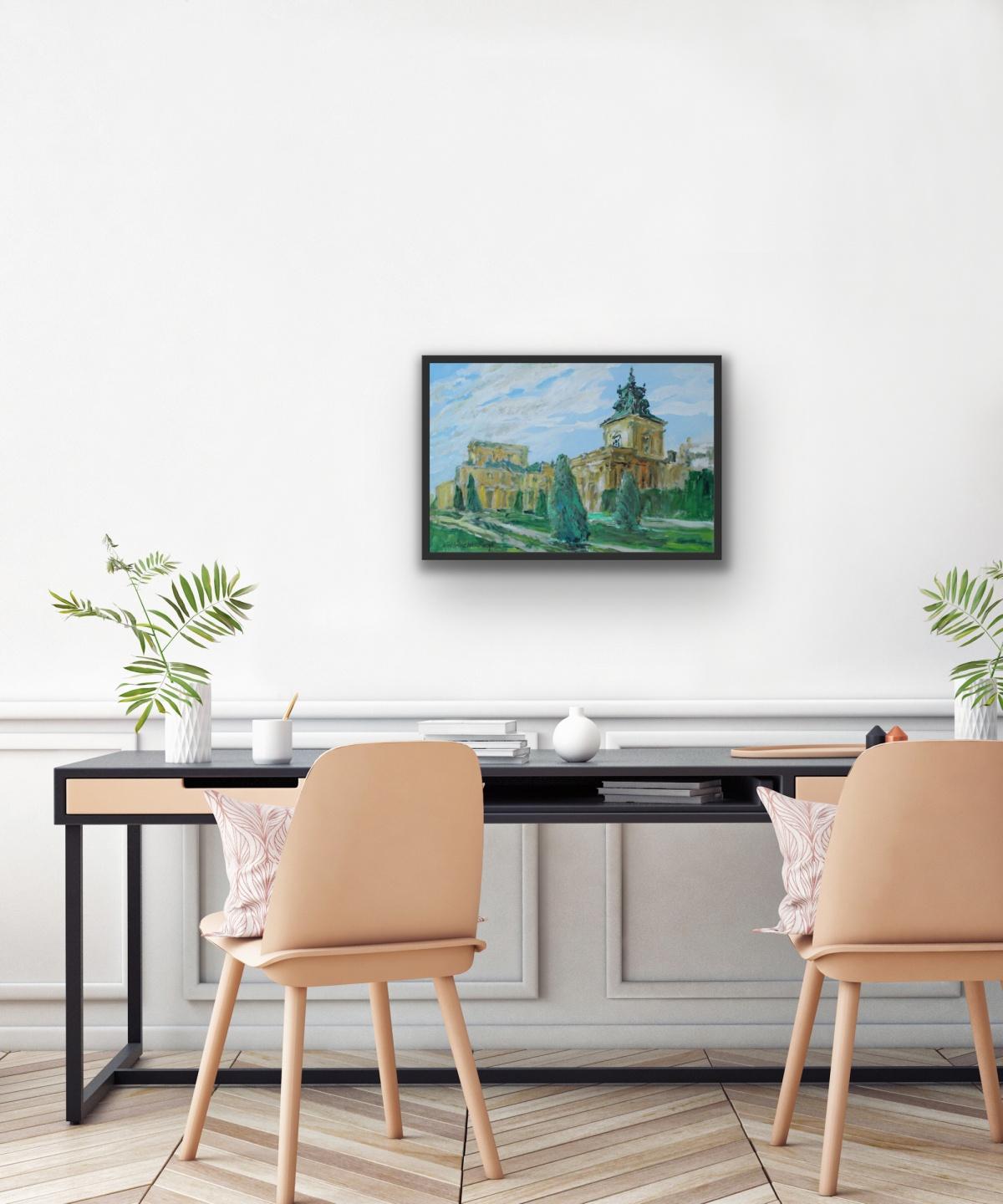 Wilanow, Königspalast (Warschau) – Acrylgemälde, Landschaft, Architektur im Angebot 1