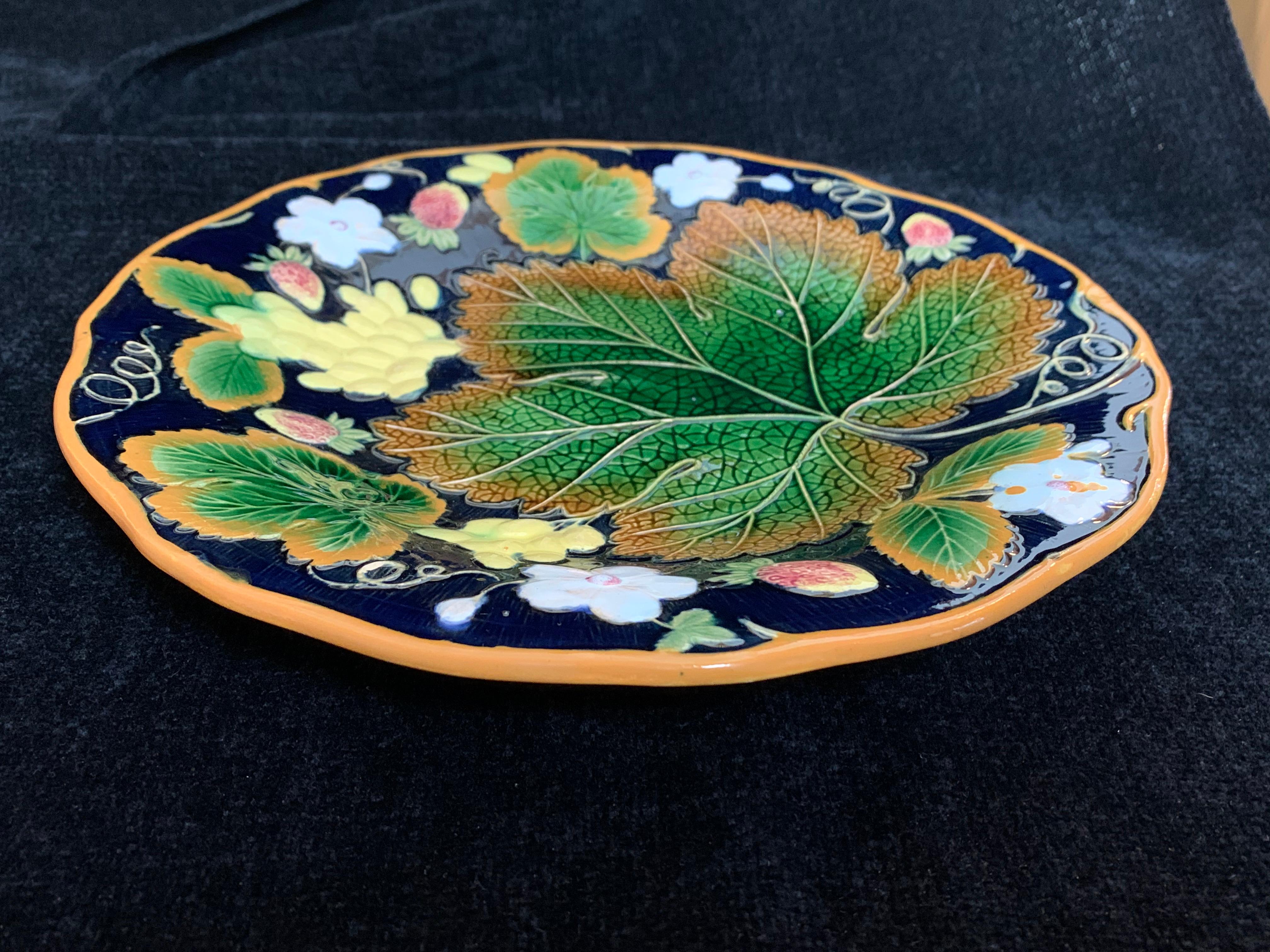 William Brownfield Majolica leaf and strawberry 9-inch plate in cobalt blue, English, 1876, in highly desirable cobalt ground. Impressed mark to reverse 'BROWNFIELD' with date code: '7/76' for July 1876.
In excellent antique condition, with no
