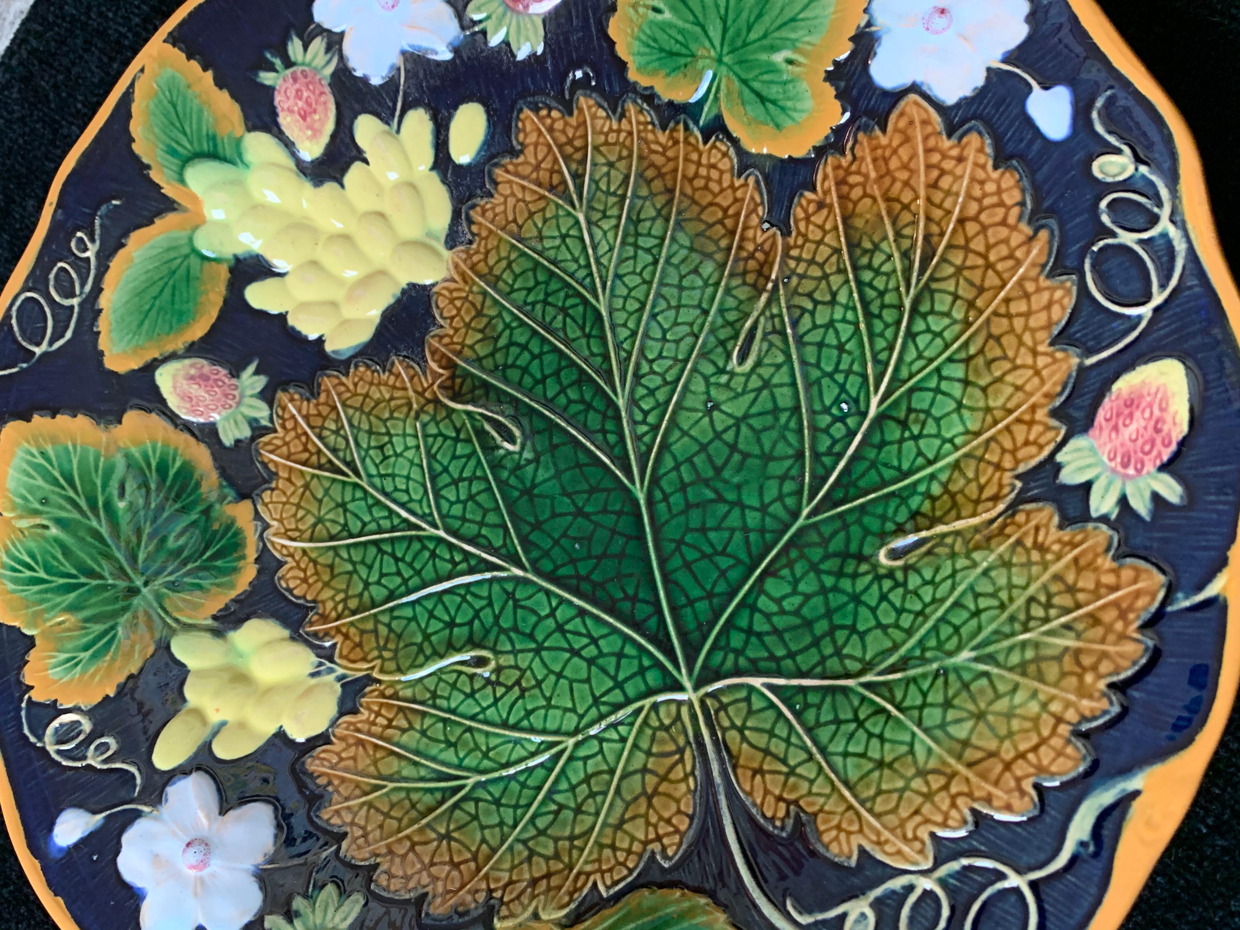 Victorian Wm. Brownfield Majolica Leaf and Strawberry Plate in Cobalt Blue, English, 1876