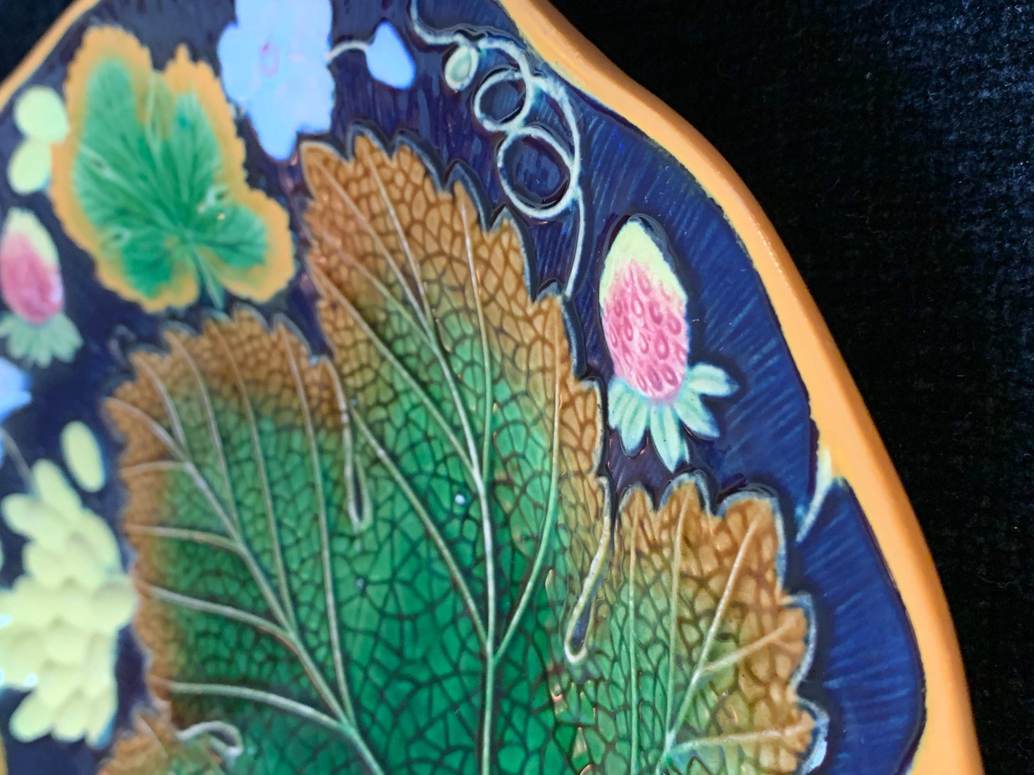 Molded Wm. Brownfield Majolica Leaf and Strawberry Plate in Cobalt Blue, English, 1876