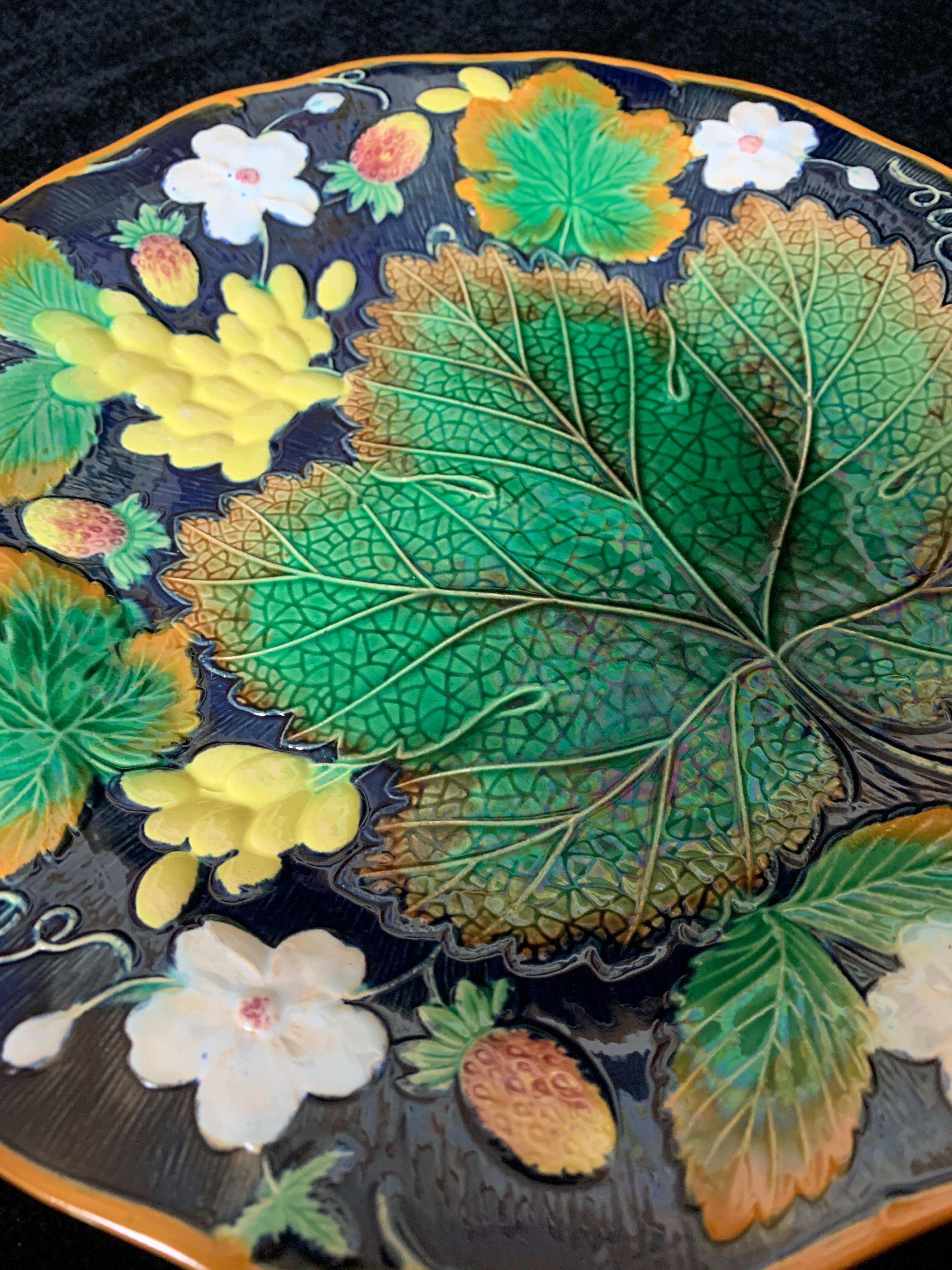Victorian Wm. Brownfield Majolica Leaf and Strawberry Plate in Cobalt Blue, English, 1876 For Sale