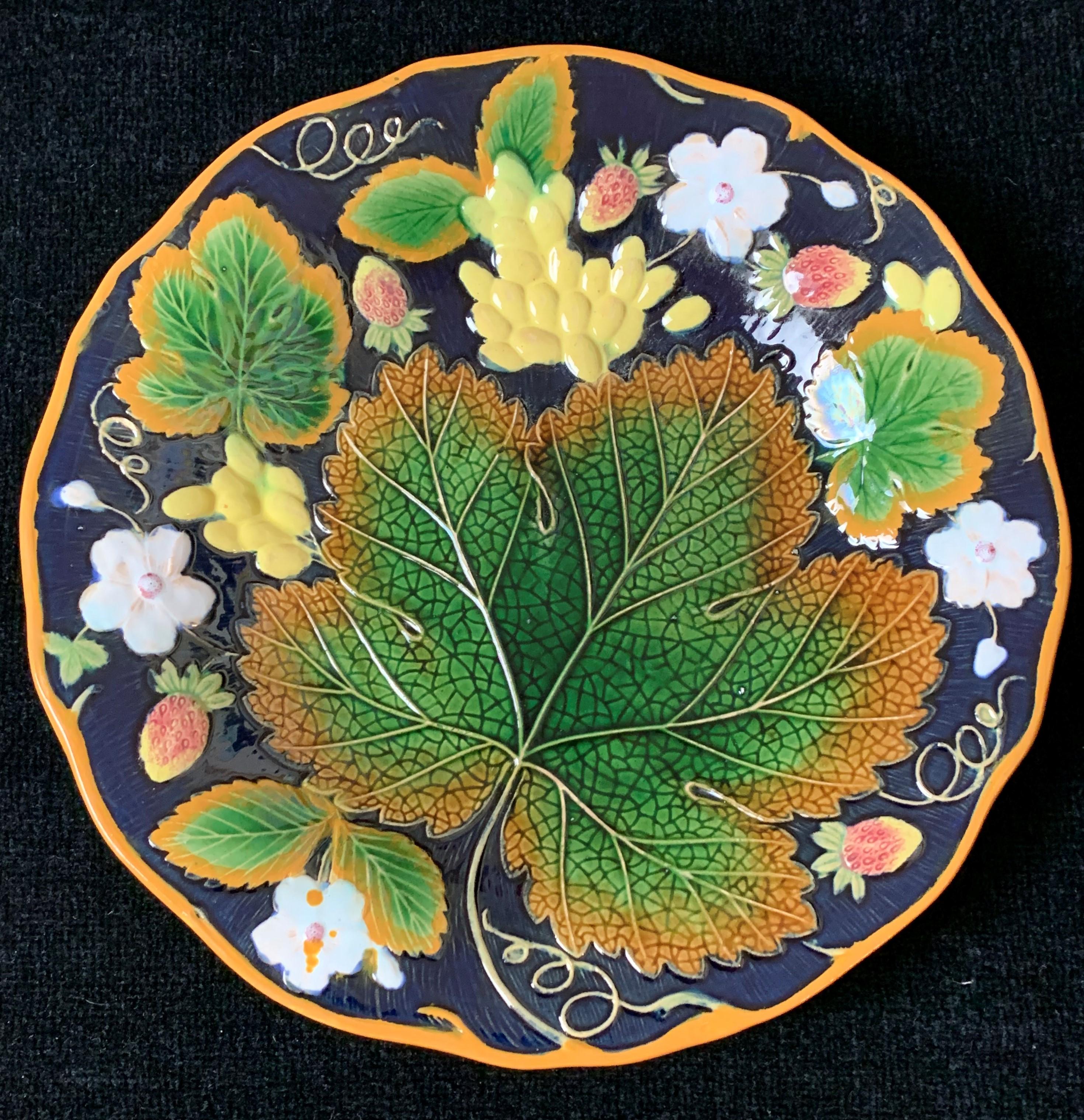 Wm. Brownfield Majolica Leaf and Strawberry Plate in Cobalt Blue, English, 1876 1