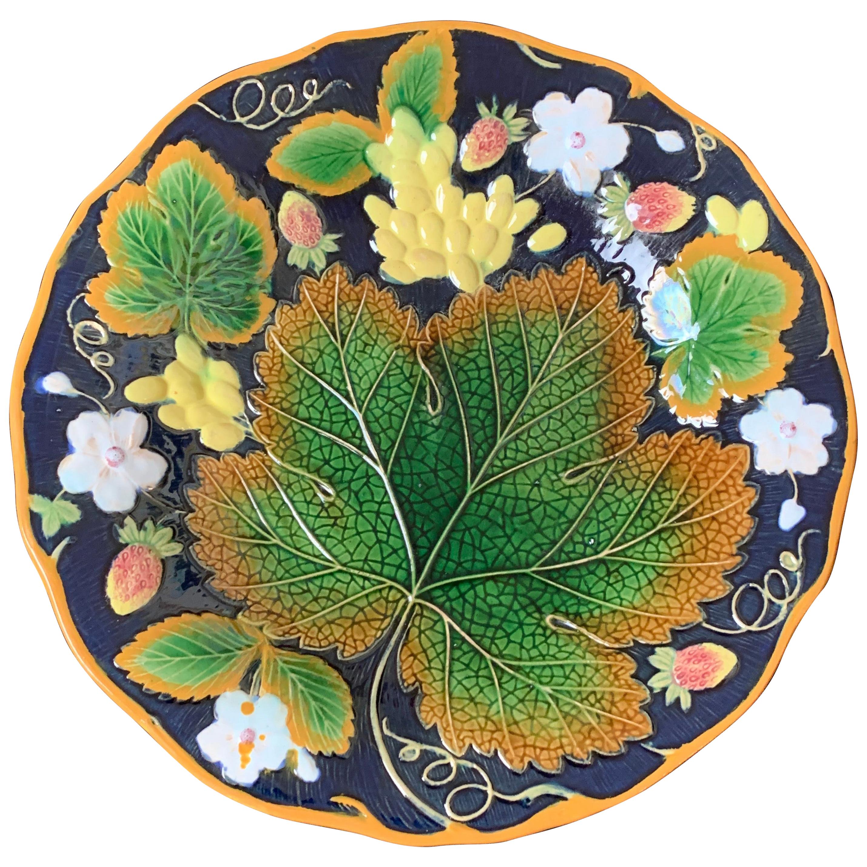 Wm. Brownfield Majolica Leaf and Strawberry Plate in Cobalt Blue, English, 1876