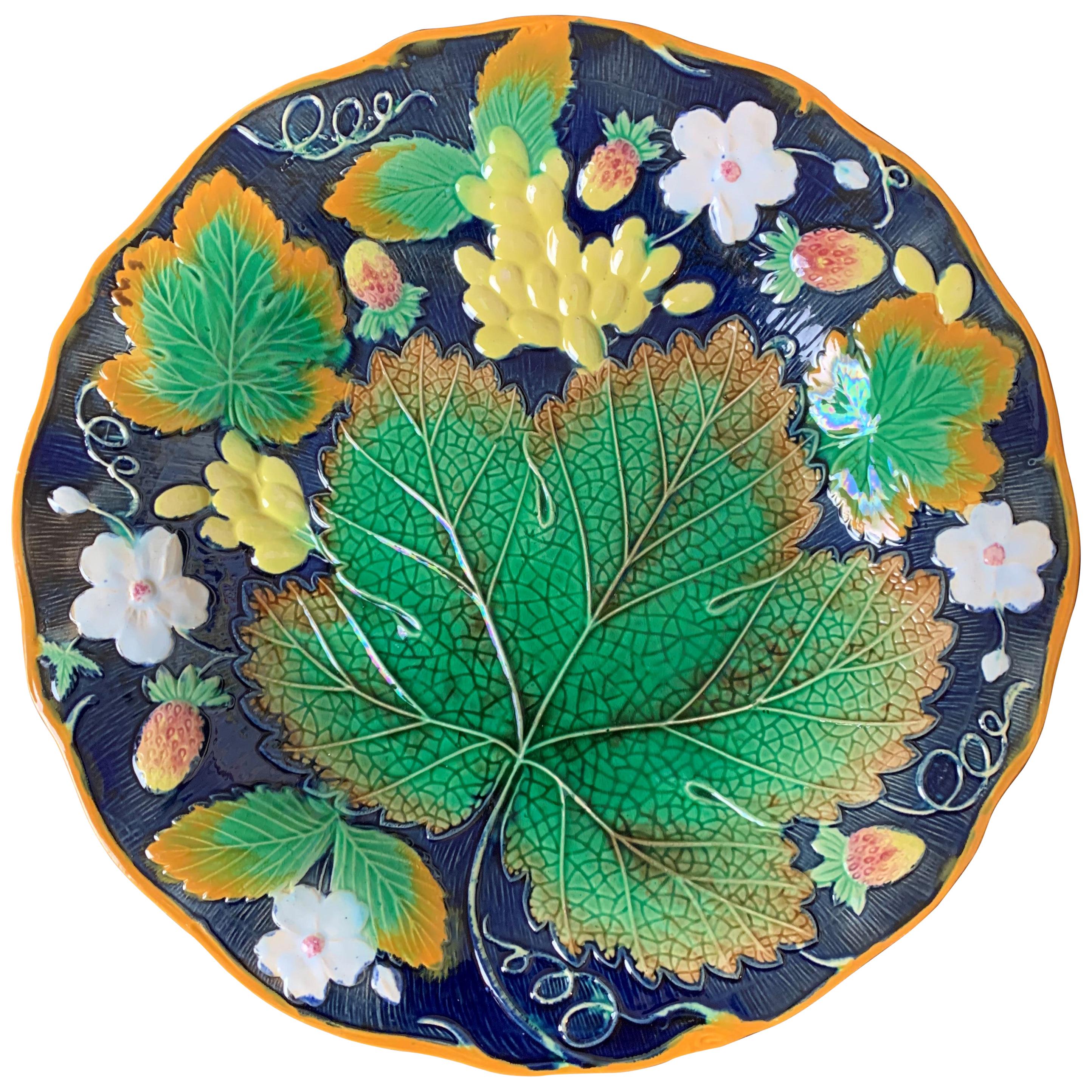 Wm. Brownfield Majolica Leaf and Strawberry Plate in Cobalt Blue, English, 1876 For Sale