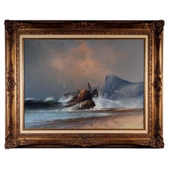 WM Clarkston Stanfield RA Shipwreck at Shore Signed Oil Painting on Board Framed