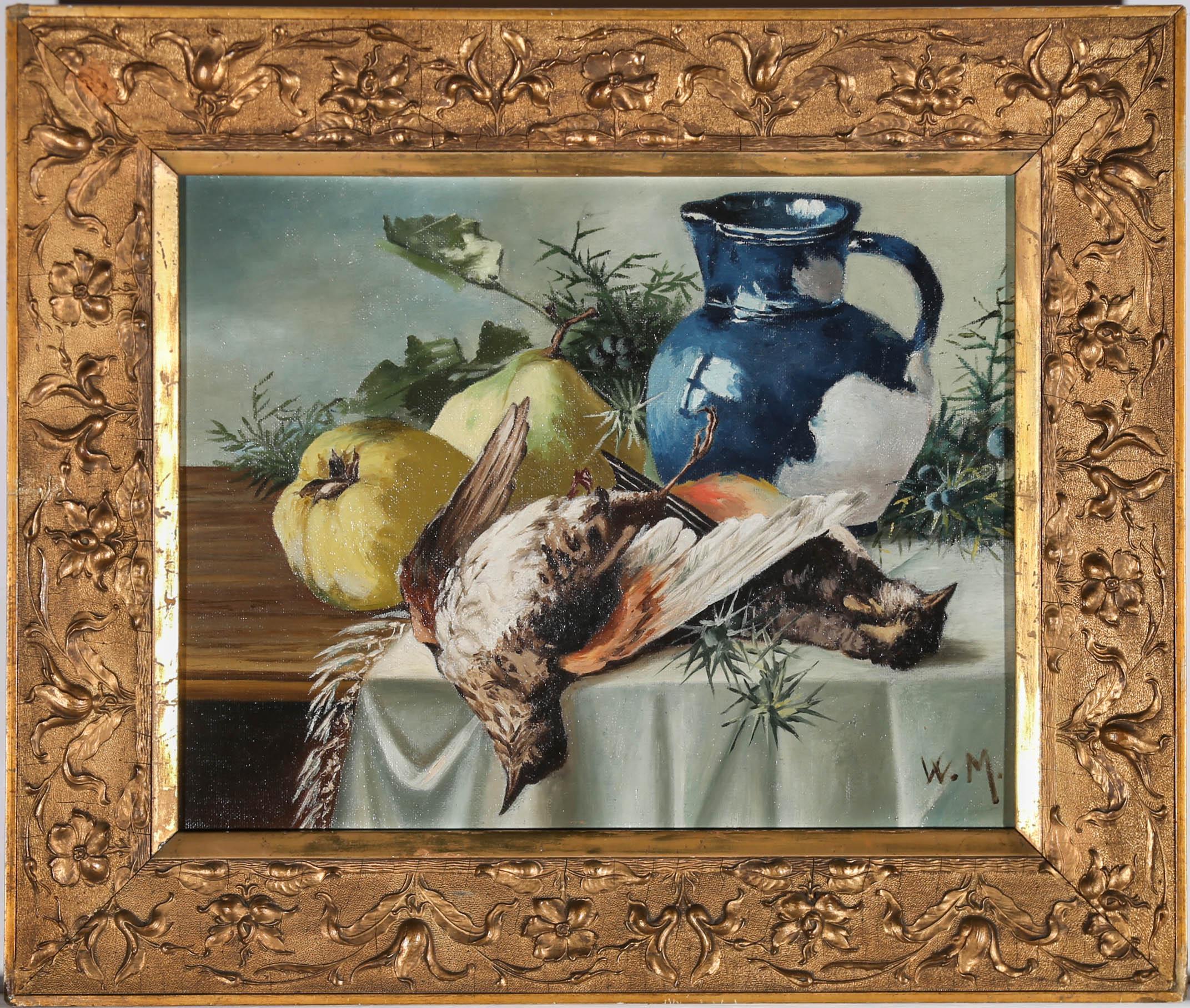 W.M - Framed 20th Century Oil, Still Life of Fruit & Birds - Painting by W.M.