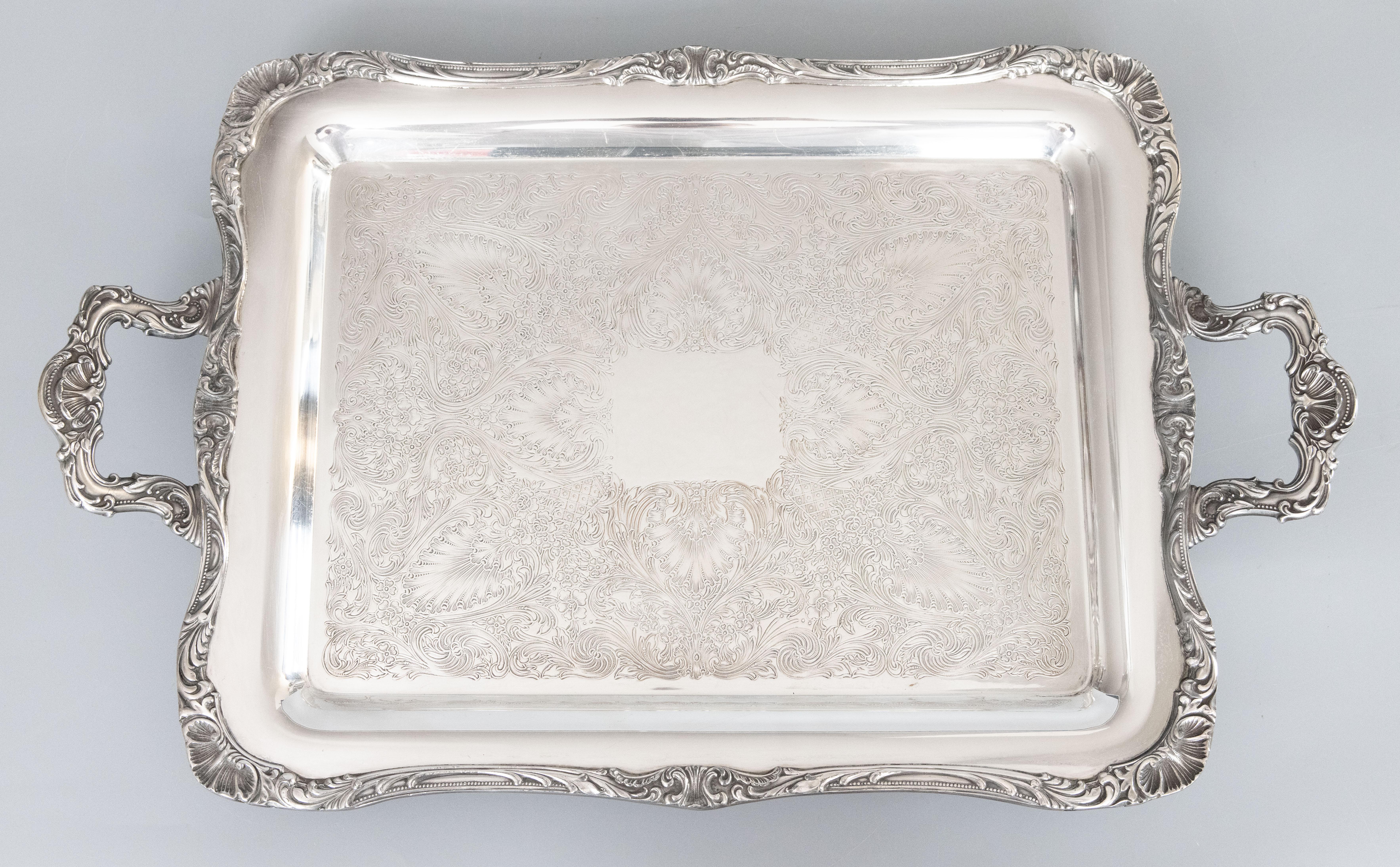 Wm Rogers Silver Plate Footed Rectangular Serving Tray With Handles, circa 1950 For Sale 1