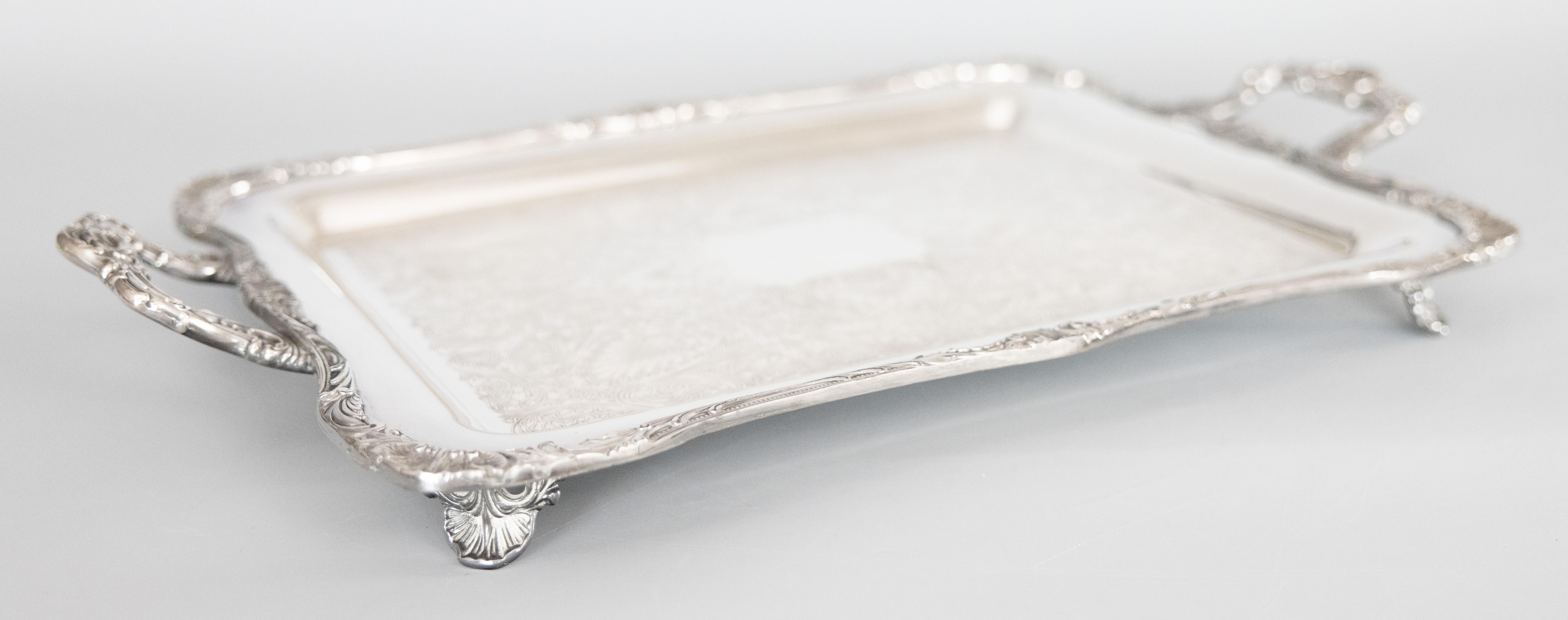 Regency Wm Rogers Silver Plate Footed Rectangular Serving Tray With Handles, circa 1950 For Sale