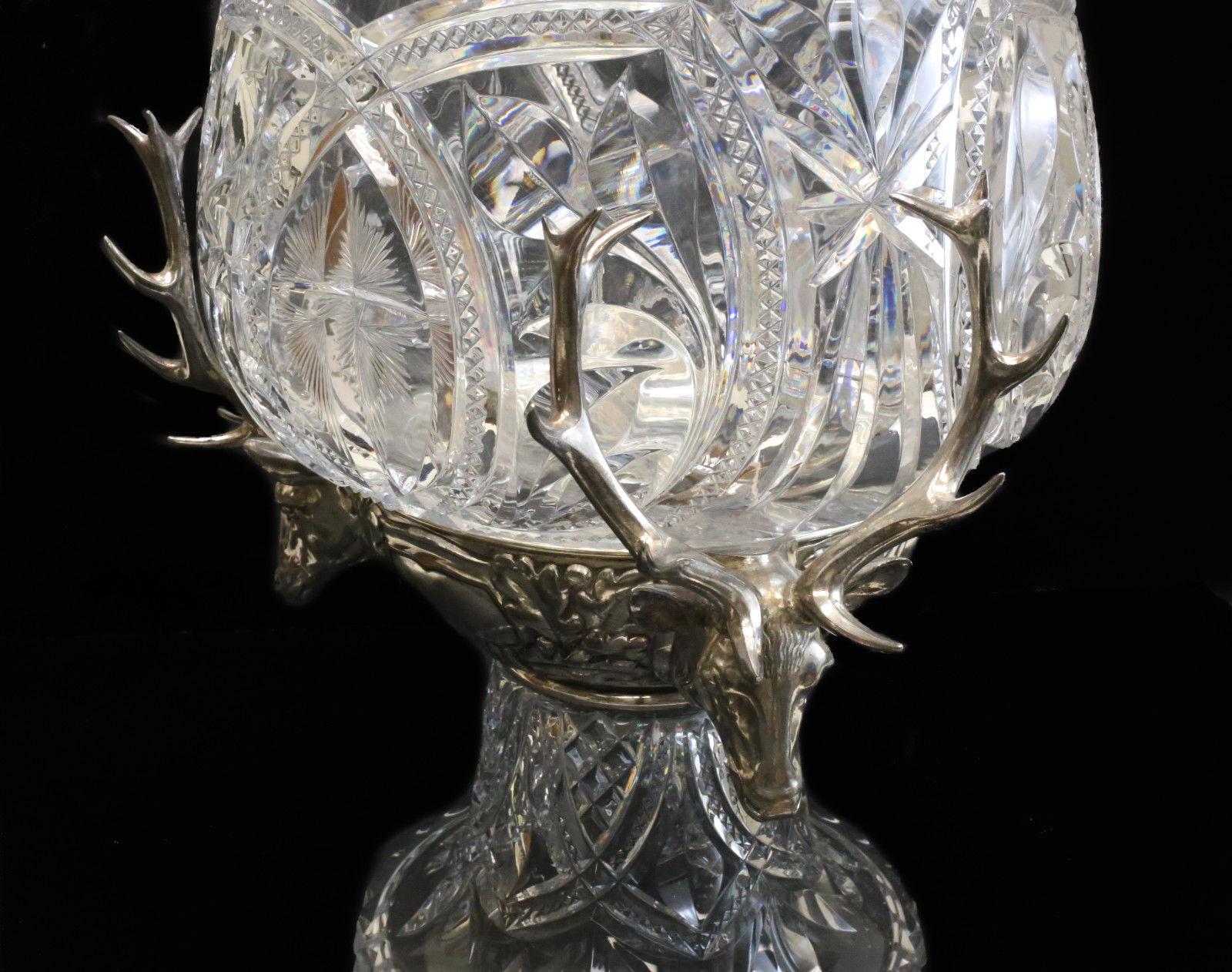 WMF Anamalier Brilliant Cut Glass & Silver Plate Centerpiece Bowl, Stags In Good Condition For Sale In Pasadena, CA