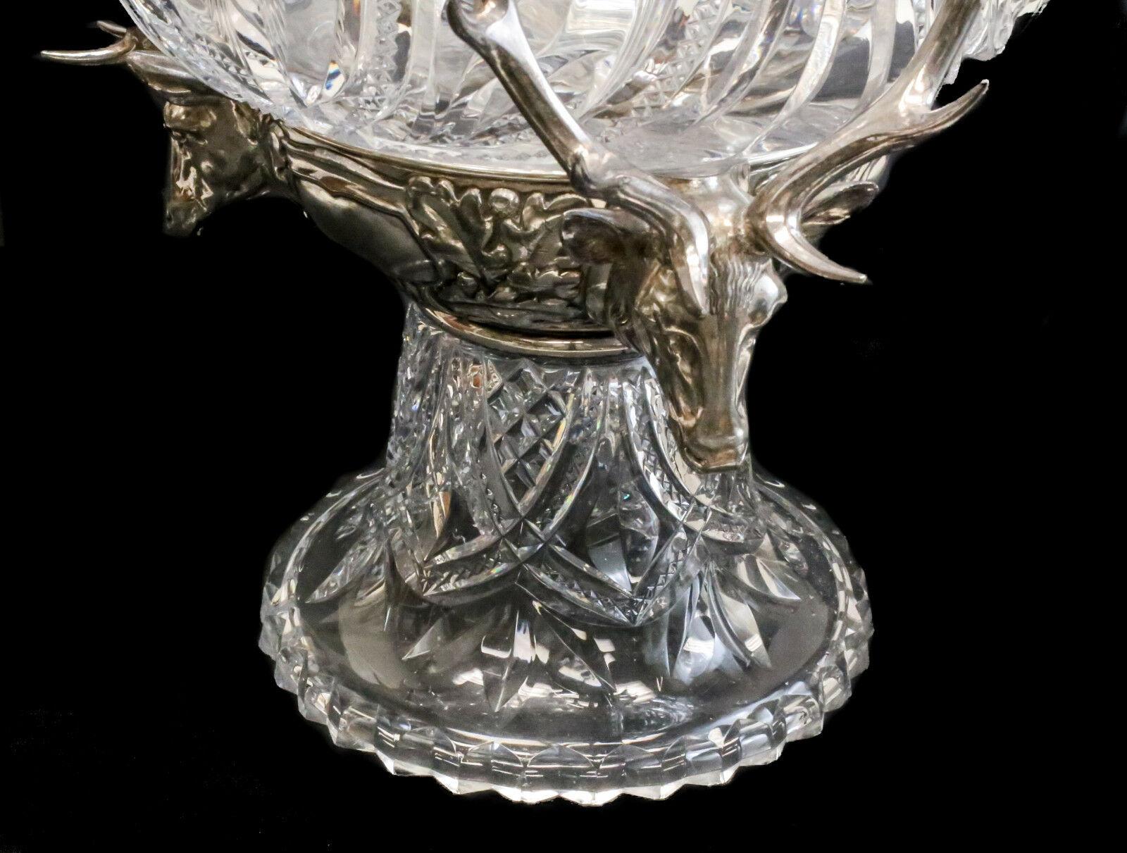 Early 20th Century WMF Anamalier Brilliant Cut Glass & Silver Plate Centerpiece Bowl, Stags For Sale