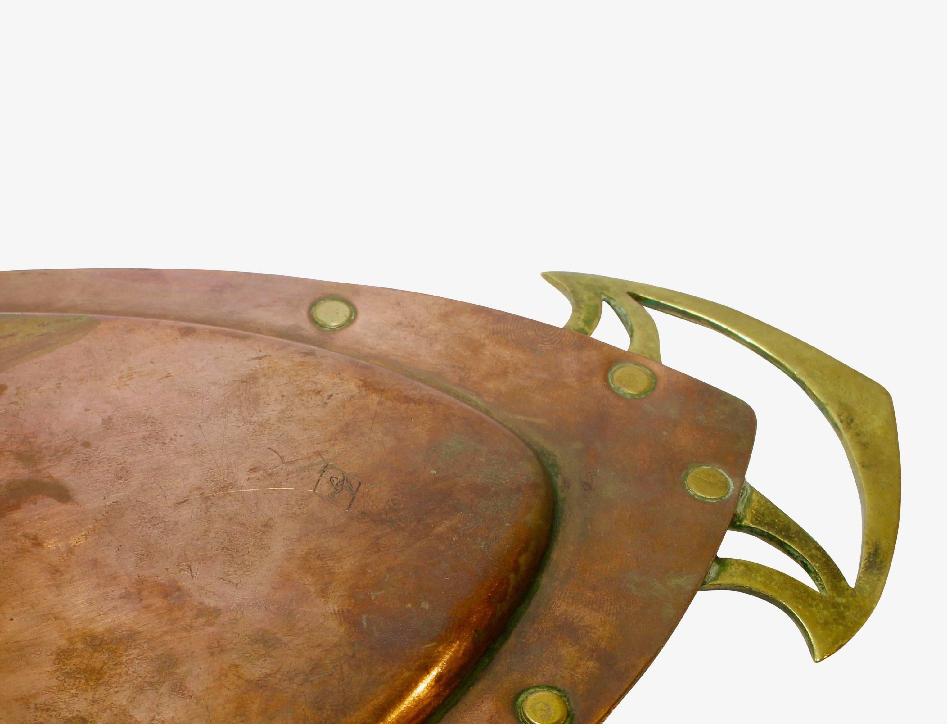 Hand-Crafted WMF Art Nouveau Brass and Copper Tray with Celtic Style Details