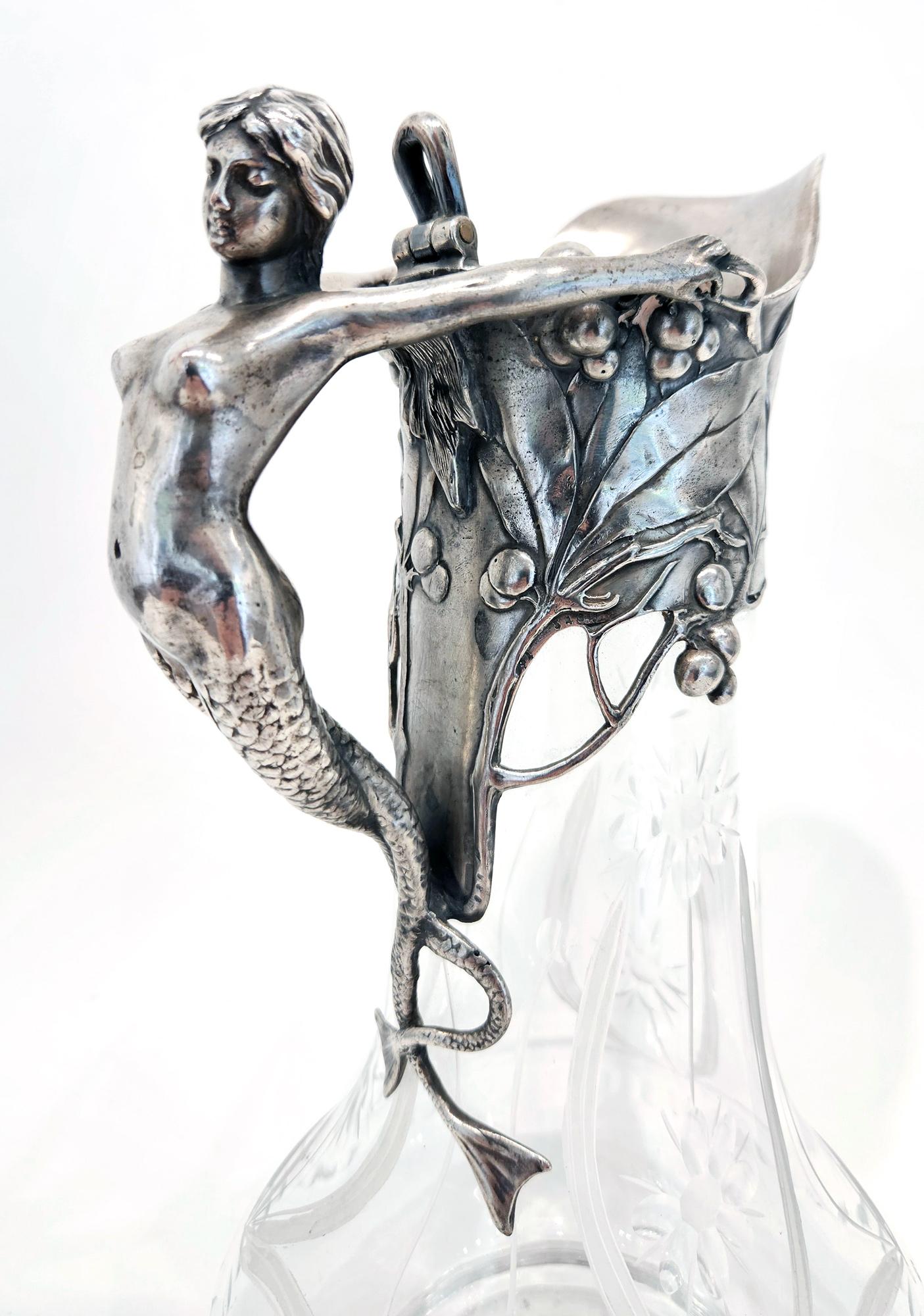 Art nouveau Carafe à vin Art Nouveau WMF avec poignée sirène, Allemagne, vers 1901 en vente