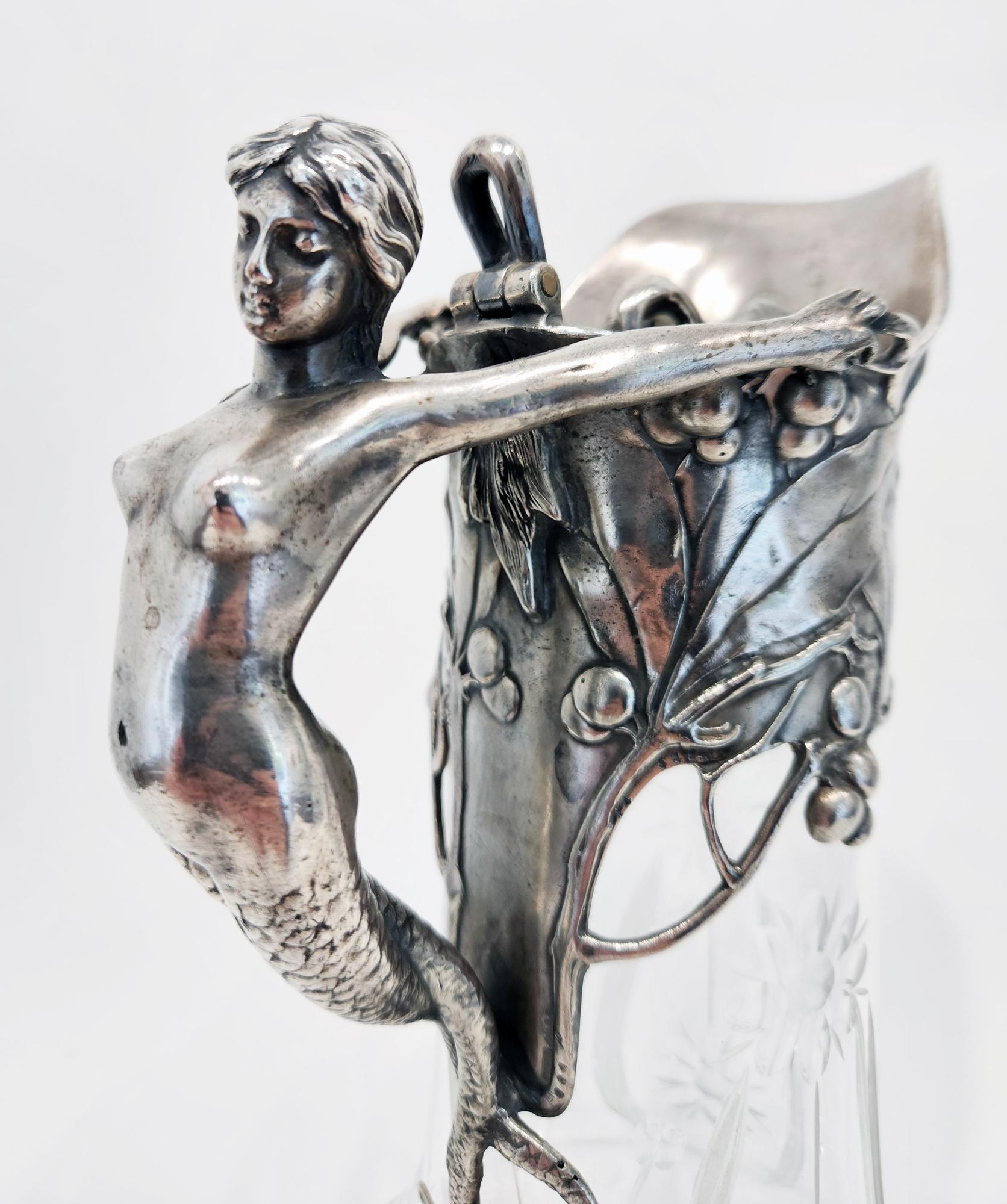Allemand Carafe à vin Art Nouveau WMF avec poignée sirène, Allemagne, vers 1901 en vente
