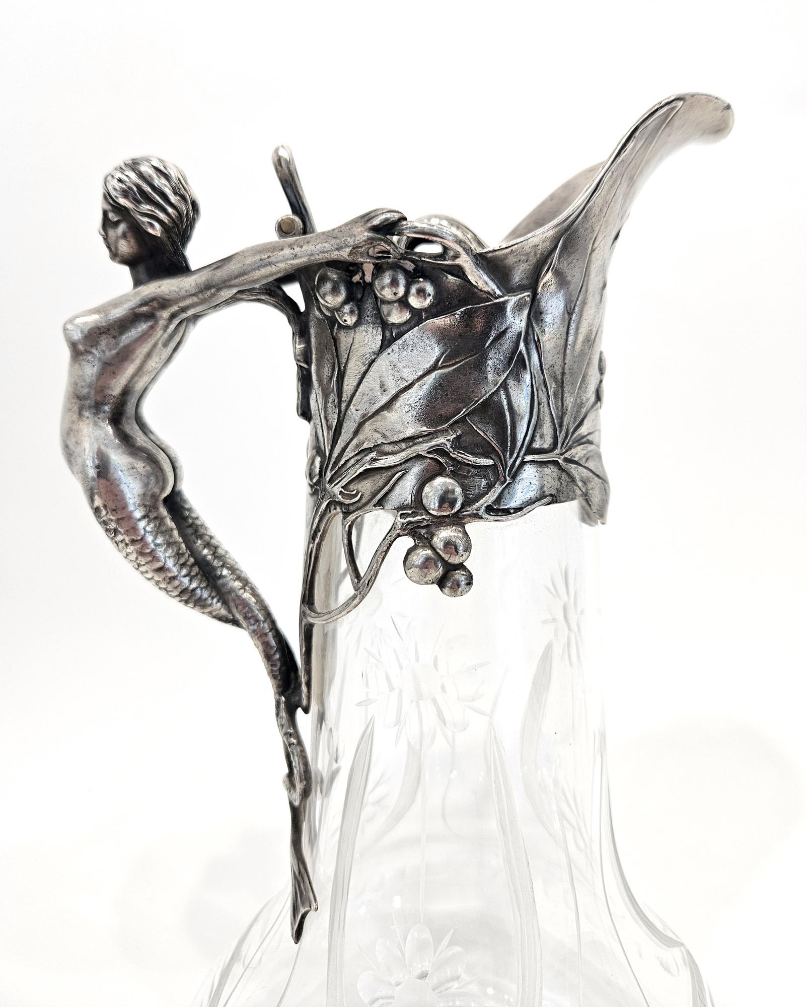 Début du 20ème siècle Carafe à vin Art Nouveau WMF avec poignée sirène, Allemagne, vers 1901 en vente