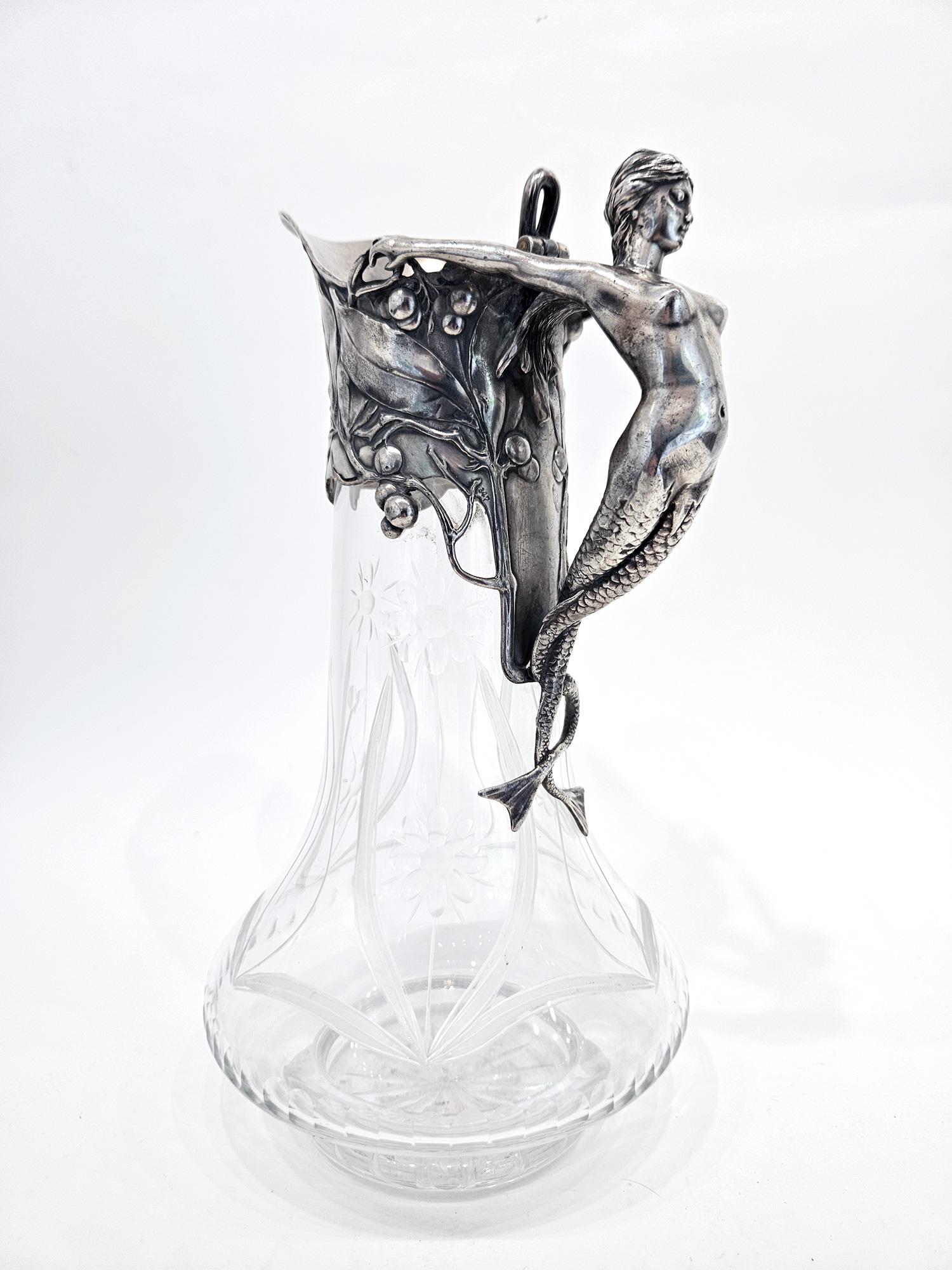 Carafe à vin Art Nouveau WMF avec poignée sirène, Allemagne, vers 1901 en vente 2