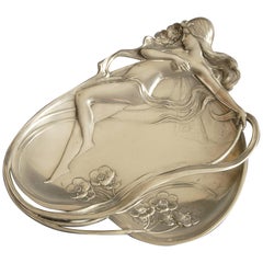 WMF Art Nouveau Dish Depicting a Nude Lady on a Heart Shaped Leaf, circa 1900