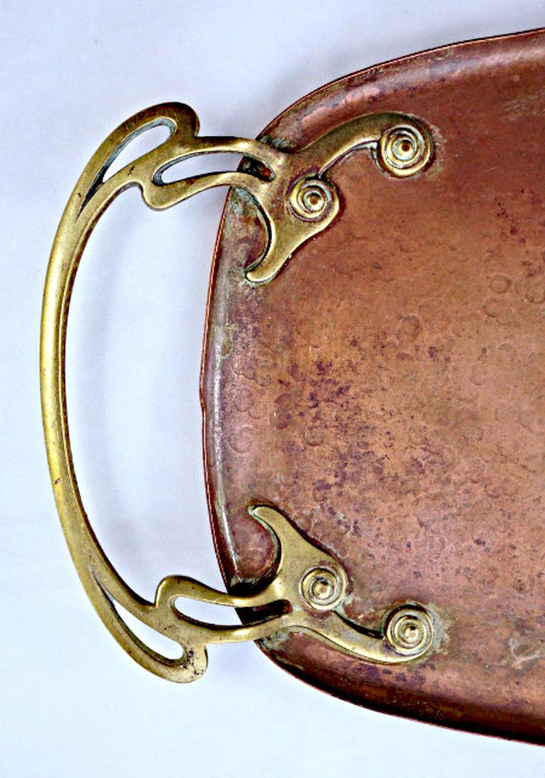 German Wmf Art Nouveau Hand Hammered Copper Tray with Brass Handles