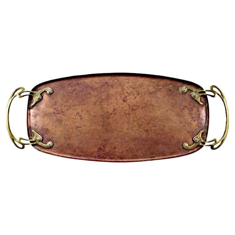 Wmf Art Nouveau Hand Hammered Copper Tray with Brass Handles For Sale