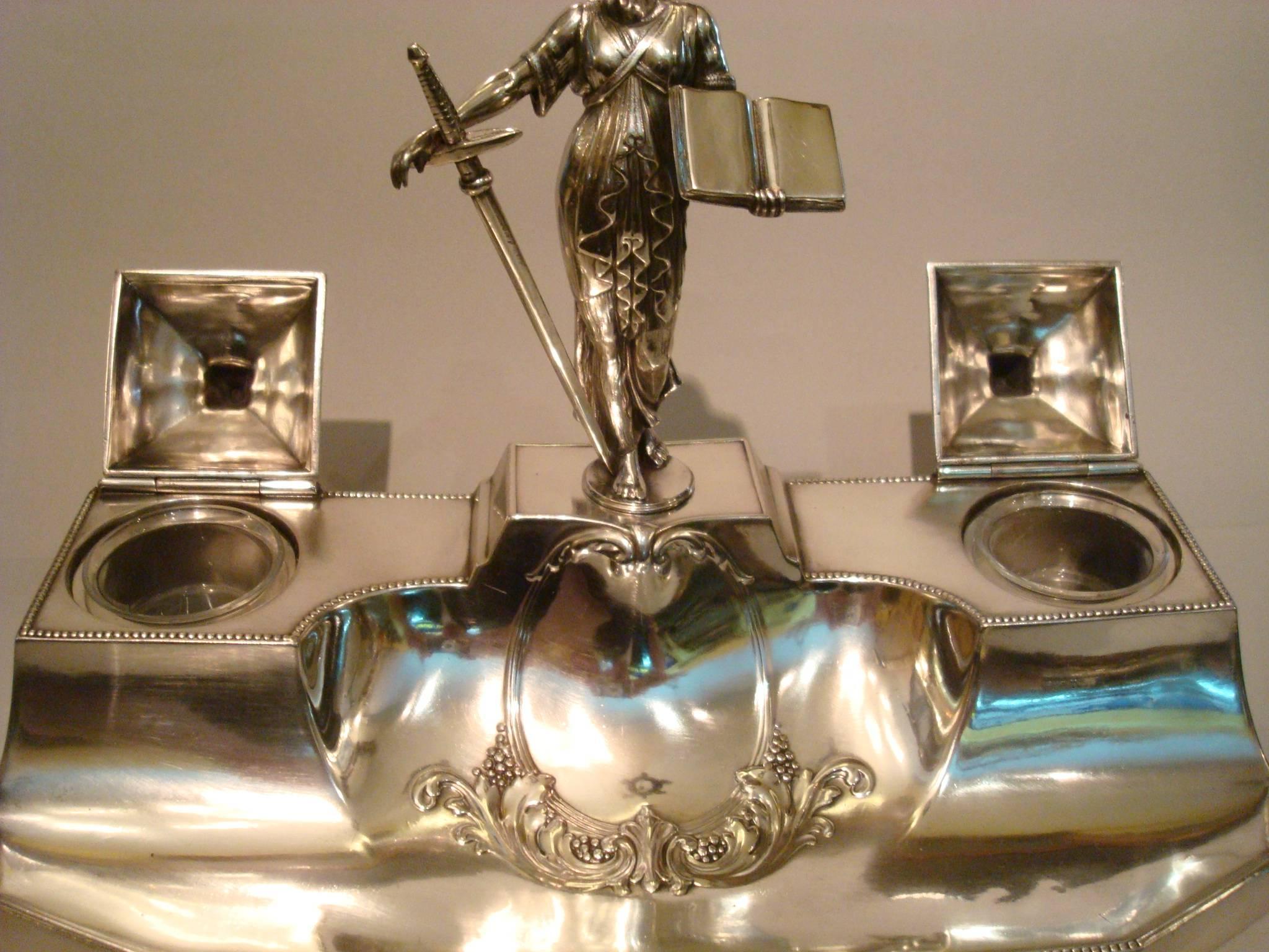20th Century Art Nouveau sculpture desk Inkwell Stand, Figure of the Law and Justice  1900´s For Sale