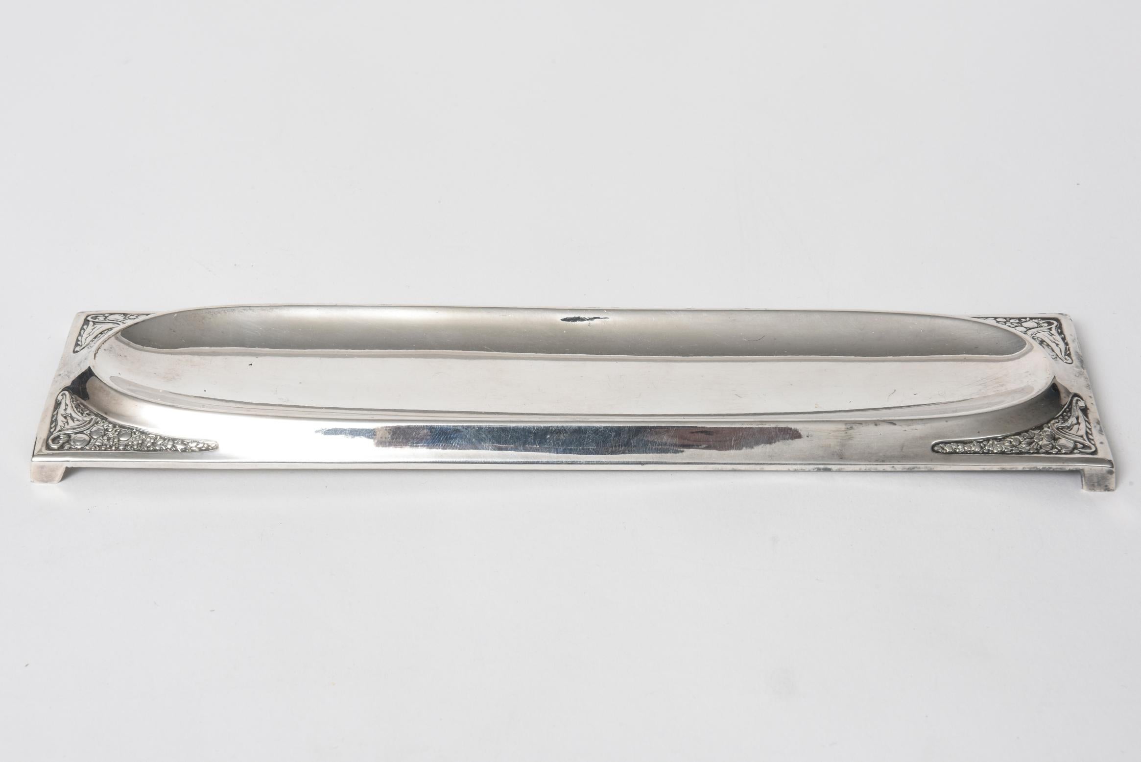 WMF Art Nouveau Silver Plate 3 Piece Desk Set Stamp Holder Blotter Pen Tray For Sale 4
