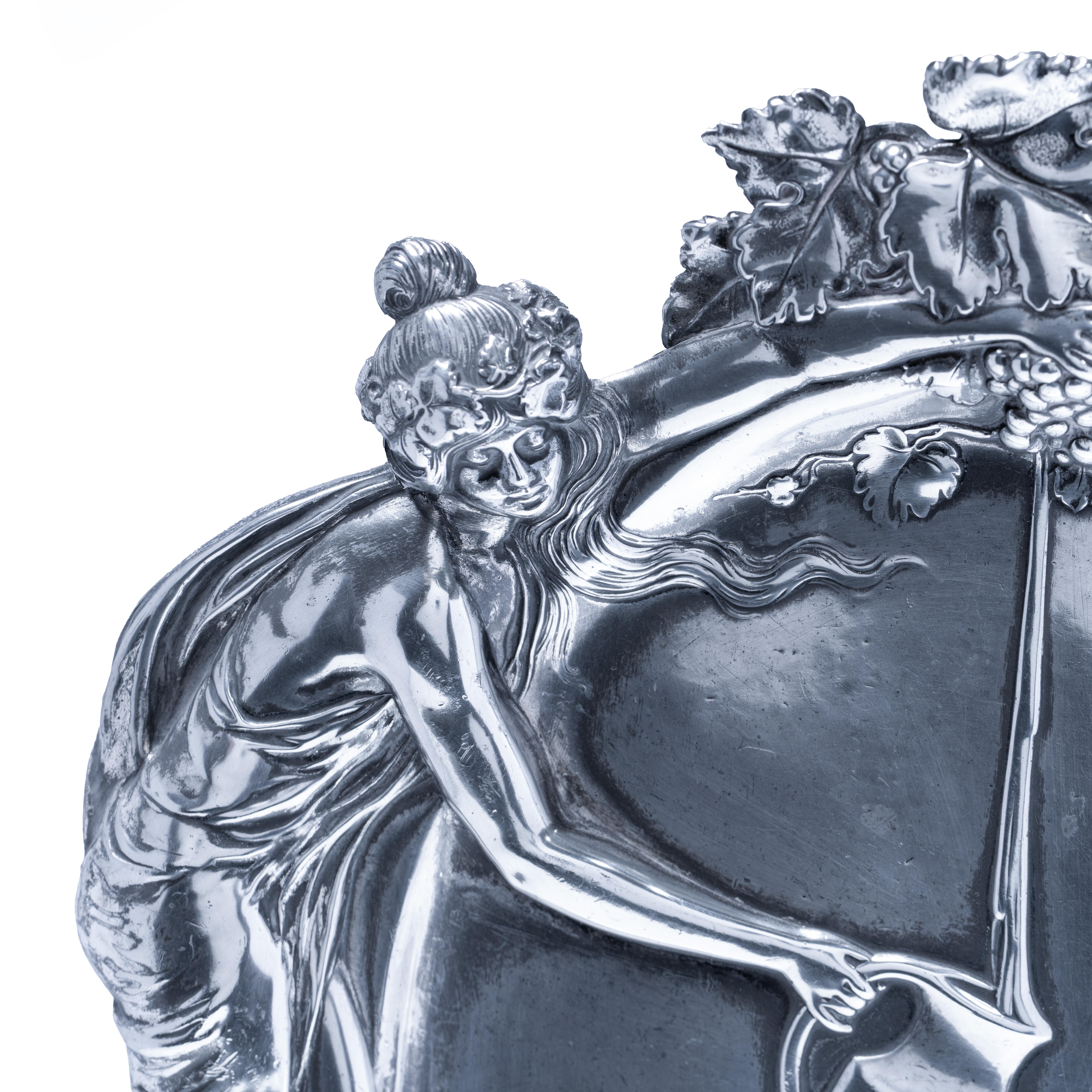 Silver Plate WMF Art Nouveau Silver-Plated Tray Depicting Diana the Huntress, 1900s For Sale