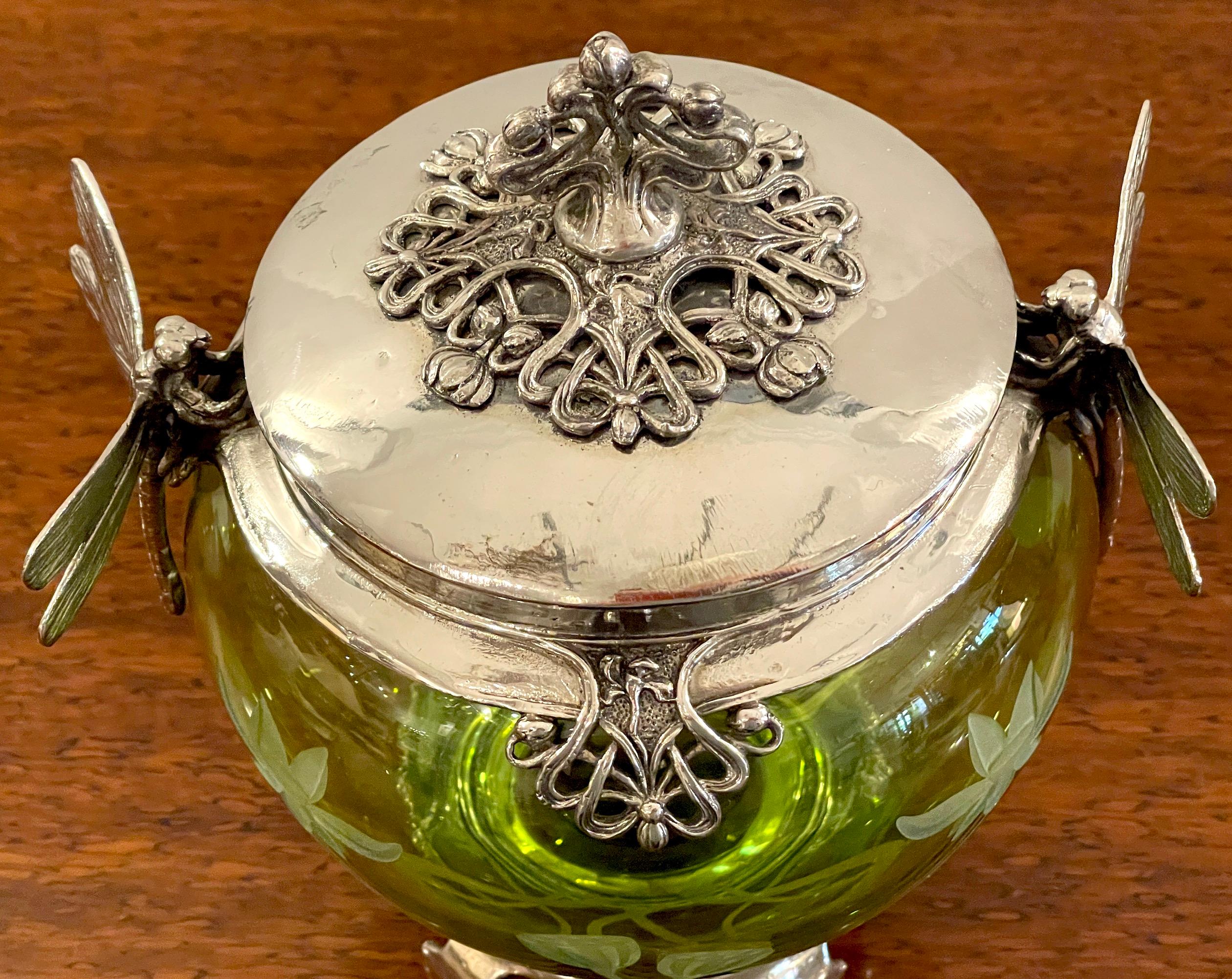 German WMF Art Nouveau Silverplated Dragonfly Motif & Engraved Green Crystal Box For Sale