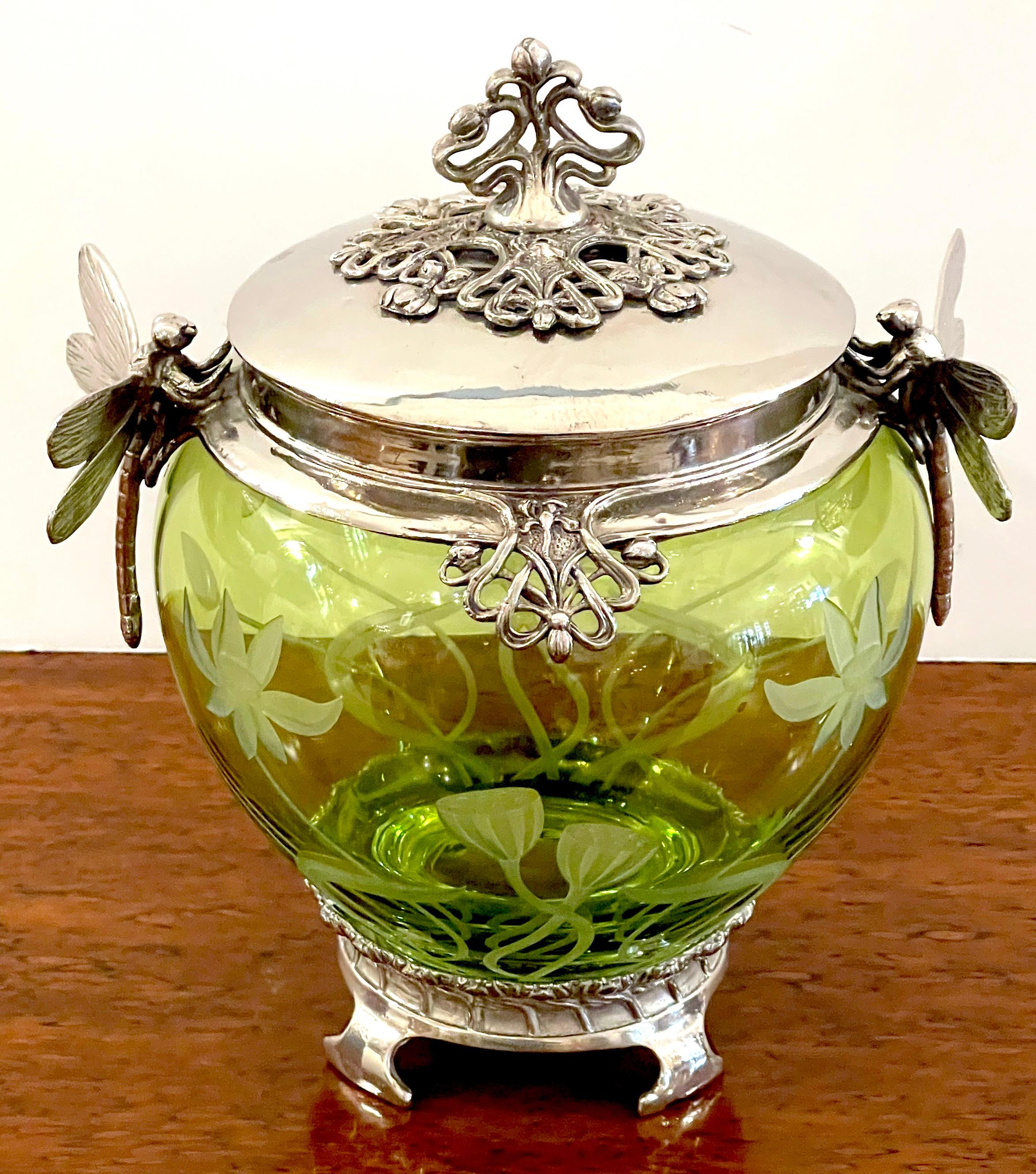 20th Century WMF Art Nouveau Silverplated Dragonfly Motif & Engraved Green Crystal Box For Sale