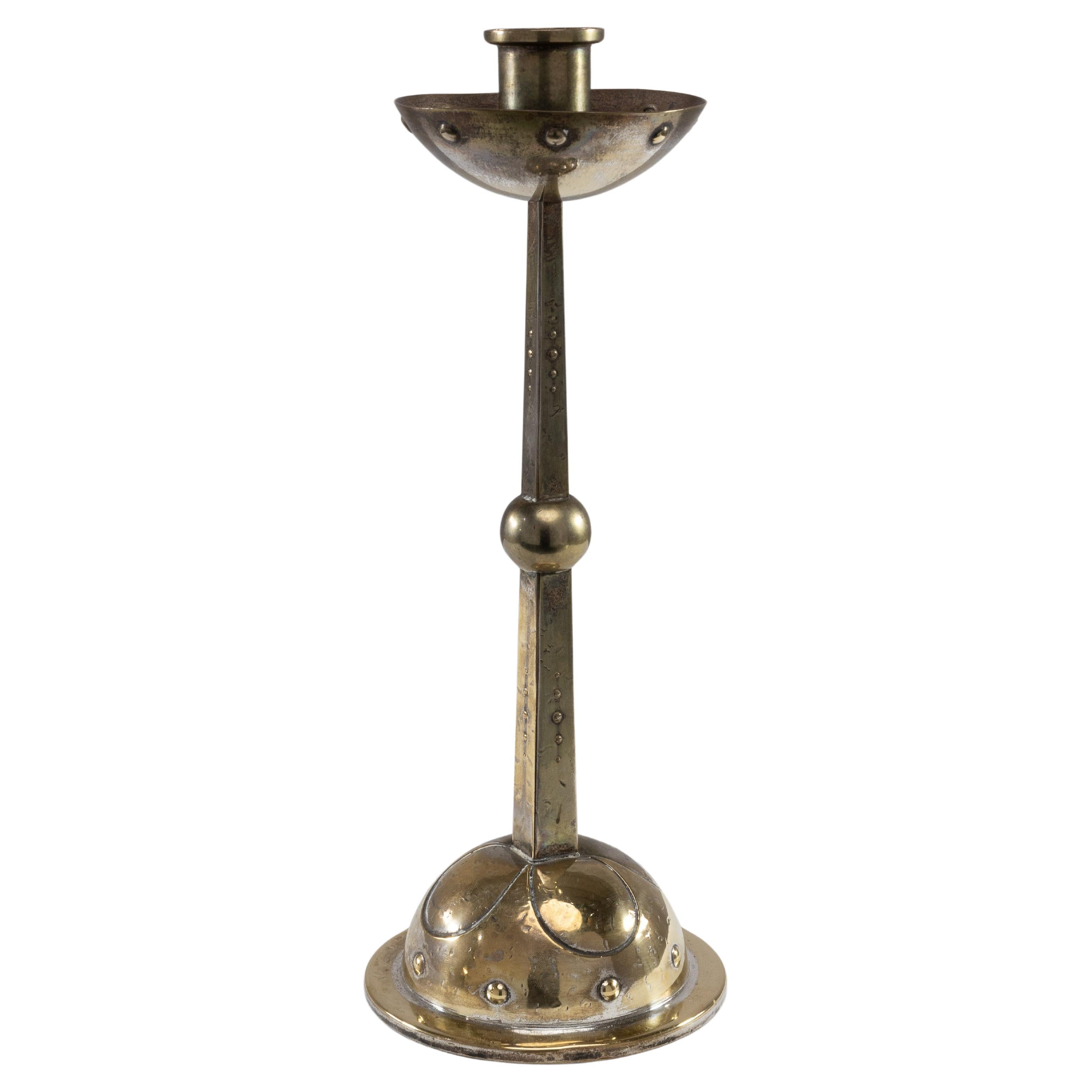 WMF, Arts & Crafts silver plated candlestick with bowl shaped drip tray & base For Sale