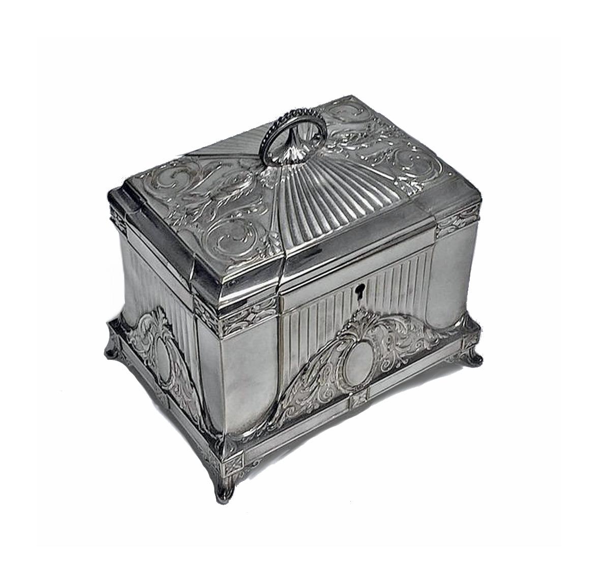 WMF Jugendstil Secessionist Silver plate Jewellery Box, Germany, C.1900. The box of rectangular shape on four turned stylised supports, conforming in style to cornices and decoration of sides and concave dome shape hinged cover with hemispherical