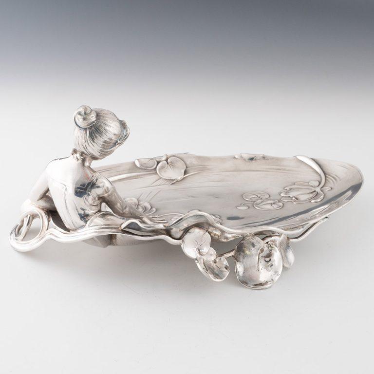 Early 20th Century WMF Card Tray – Silver Plate Depicting a Woman c1905 For Sale