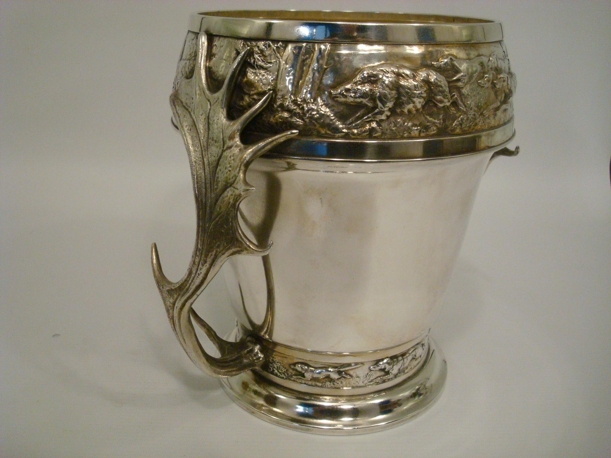 WMF Champagne / Wine Cooler with a Hunting scene, Wild Elk Ornament Handles For Sale 7