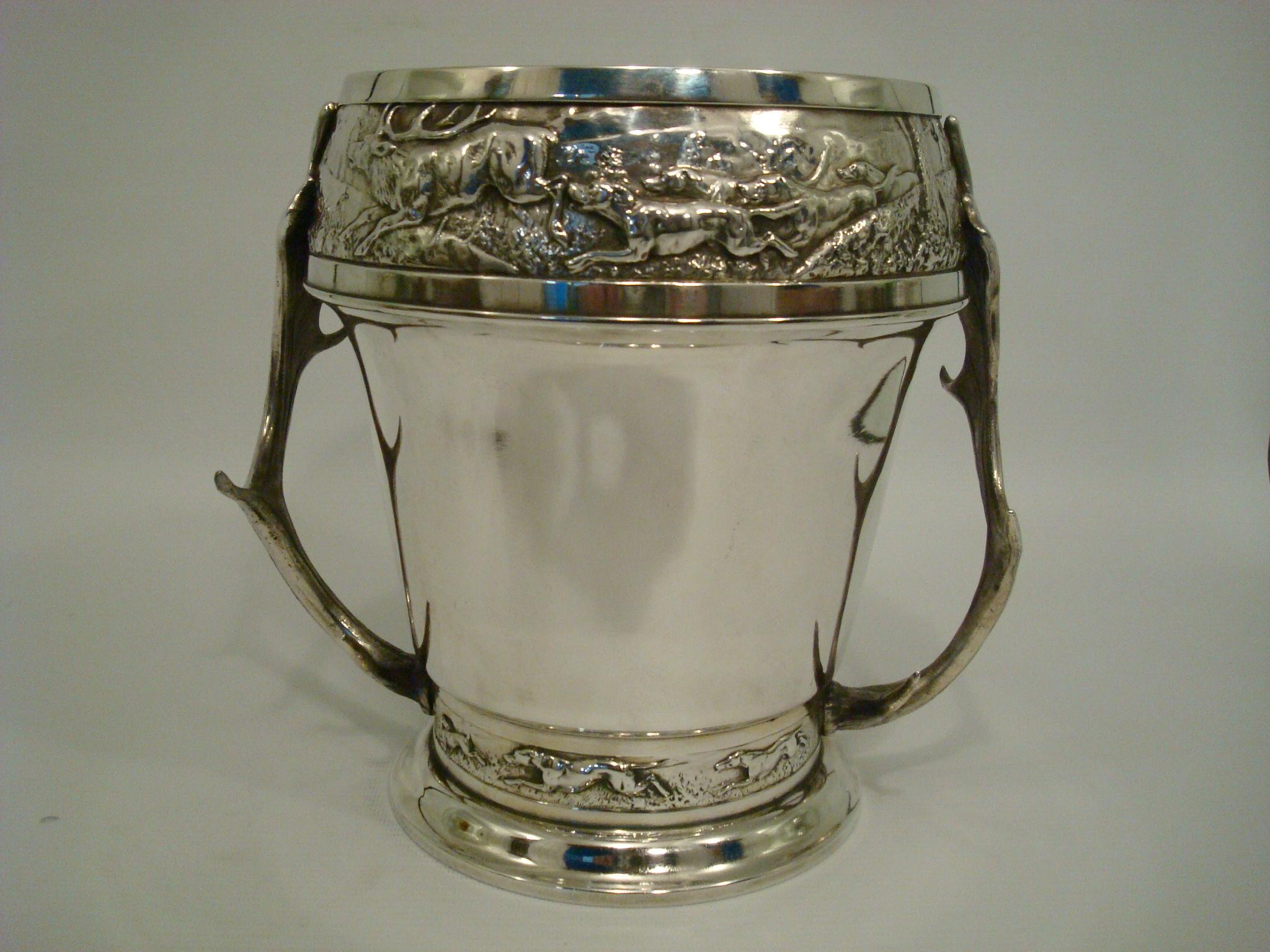 Art Nouveau WMF Champagne / Wine Cooler with a Hunting scene, Wild Elk Ornament Handles For Sale