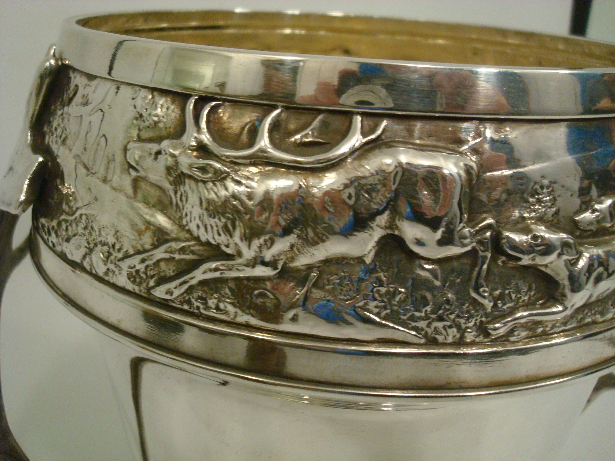 German WMF Champagne / Wine Cooler with a Hunting scene, Wild Elk Ornament Handles For Sale
