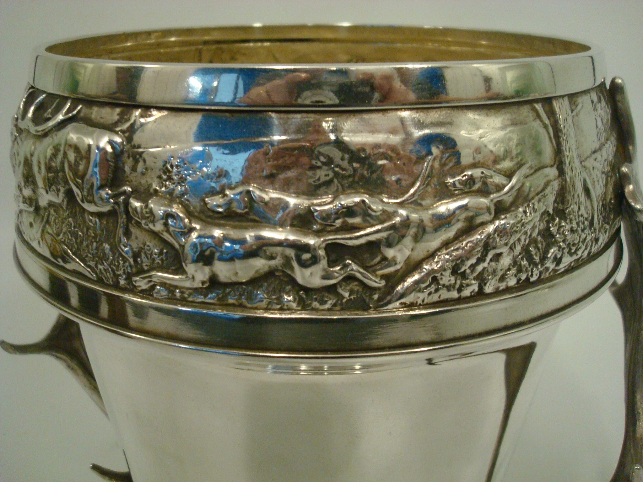 Silvered WMF Champagne / Wine Cooler with a Hunting scene, Wild Elk Ornament Handles For Sale