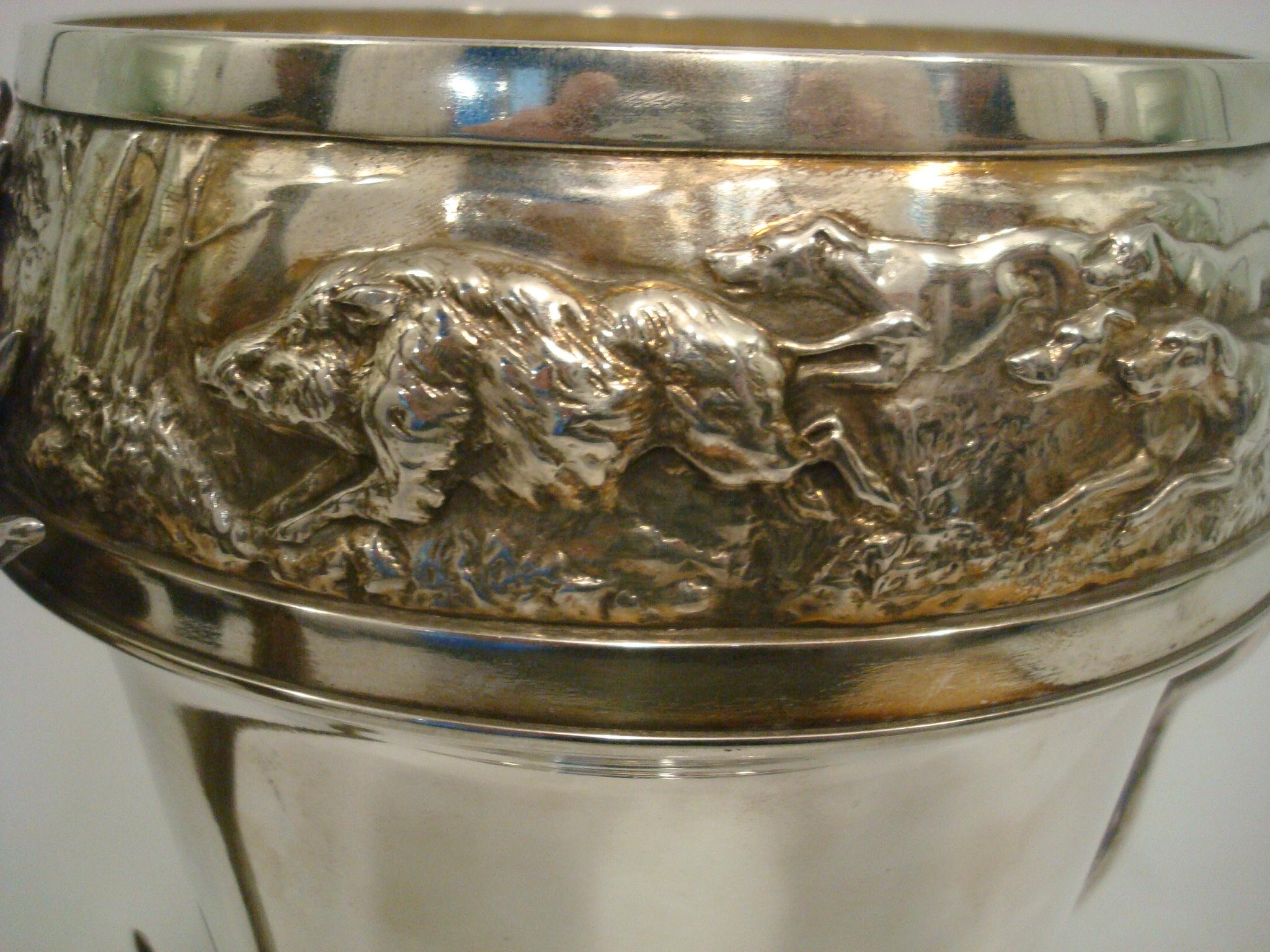 20th Century WMF Champagne / Wine Cooler with a Hunting scene, Wild Elk Ornament Handles For Sale