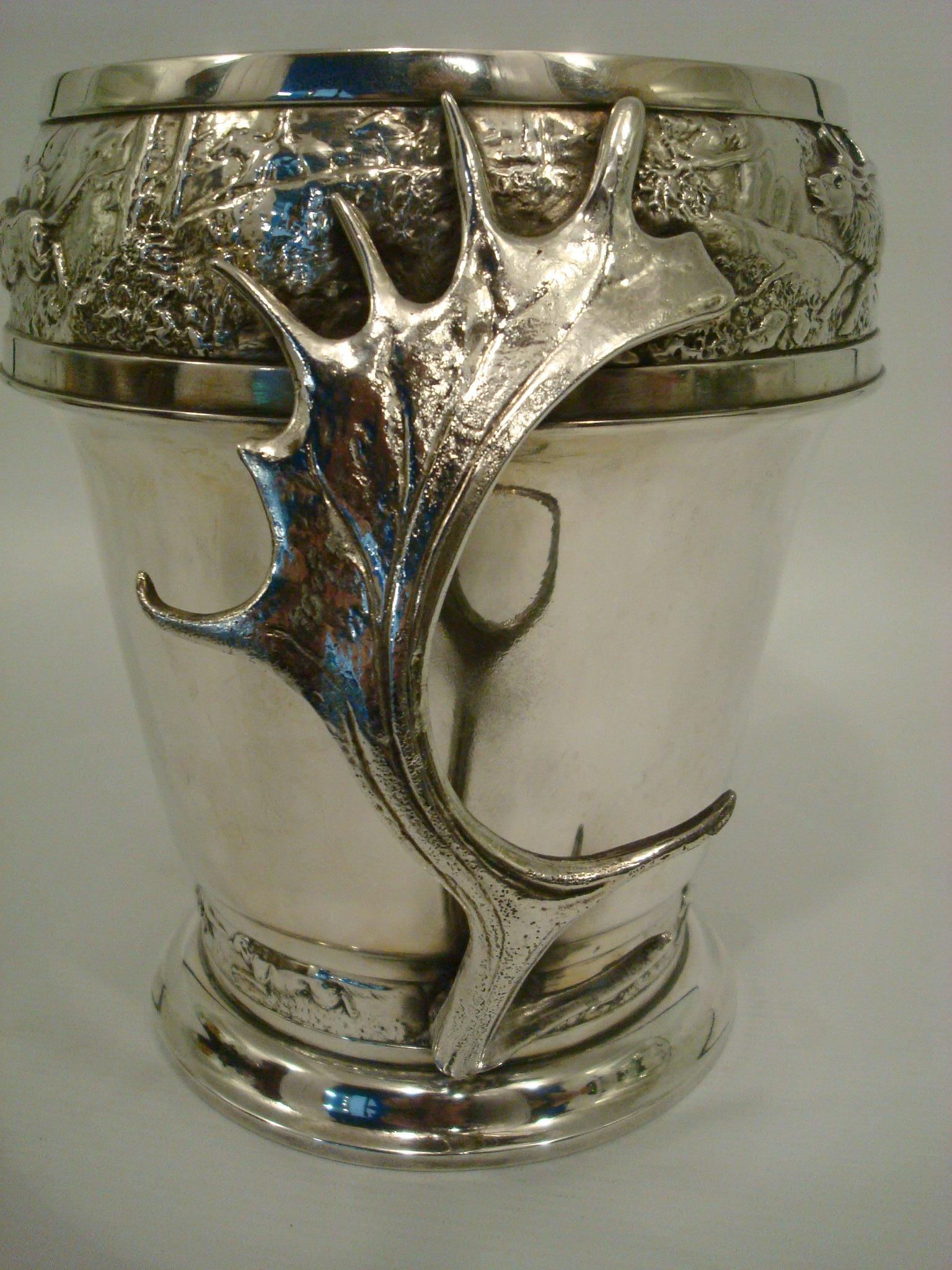 WMF Champagne / Wine Cooler with a Hunting scene, Wild Elk Ornament Handles For Sale 1