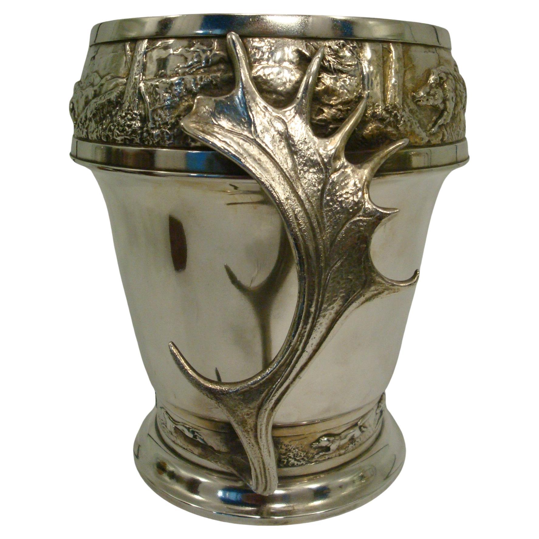 WMF Champagne / Wine Cooler with a Hunting scene, Wild Elk Ornament Handles For Sale