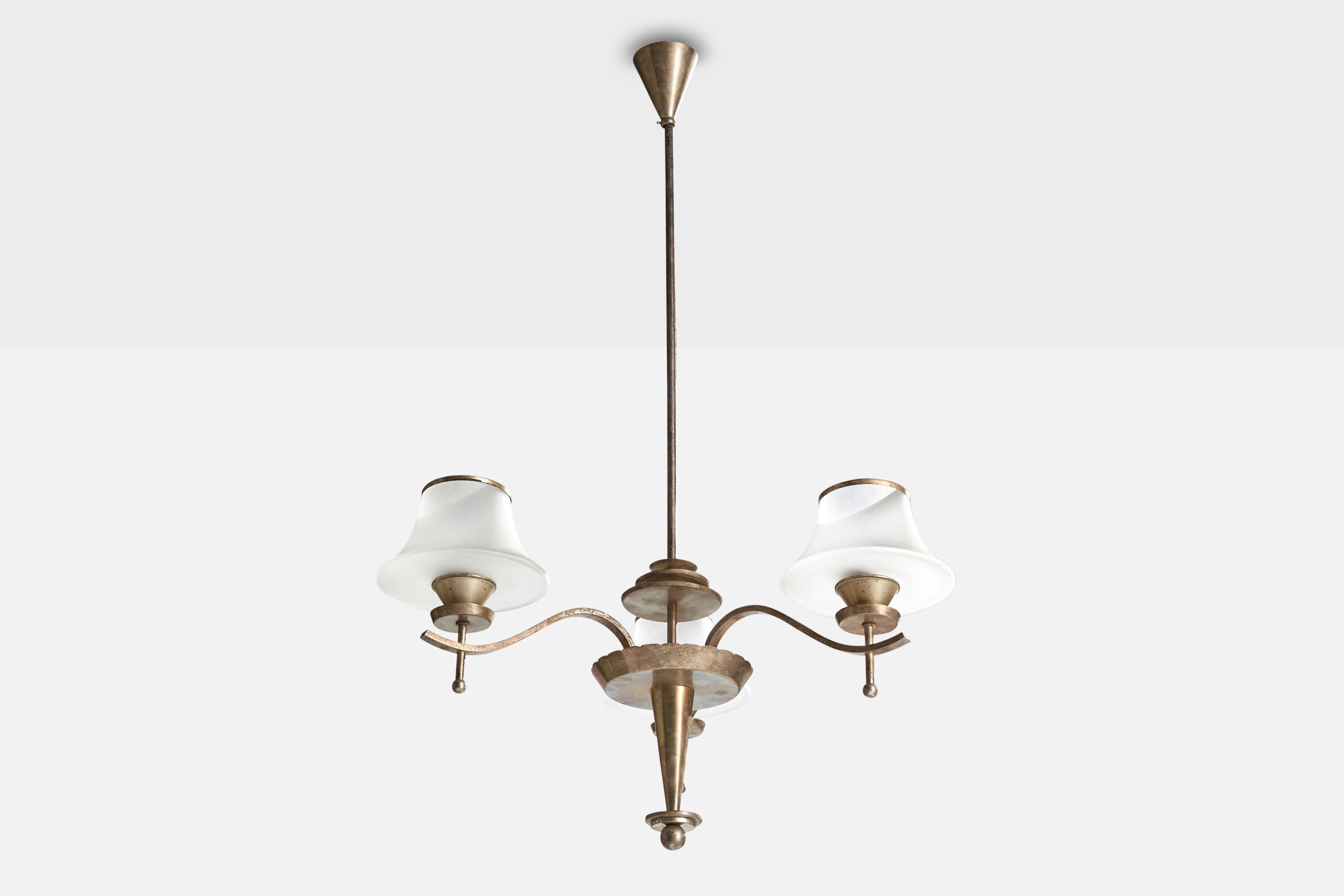 A nickel and opaline glass chandelier produced by WMF, Germany, c. 1930s.

Overall Dimensions (inches): 43” H x 26” Diameter

Dimensions of Canopy: 3.5” H x 3.5” W x 3.5” D

Bulb Specifications: E-26 

Number of Sockets: 3

All lighting will be