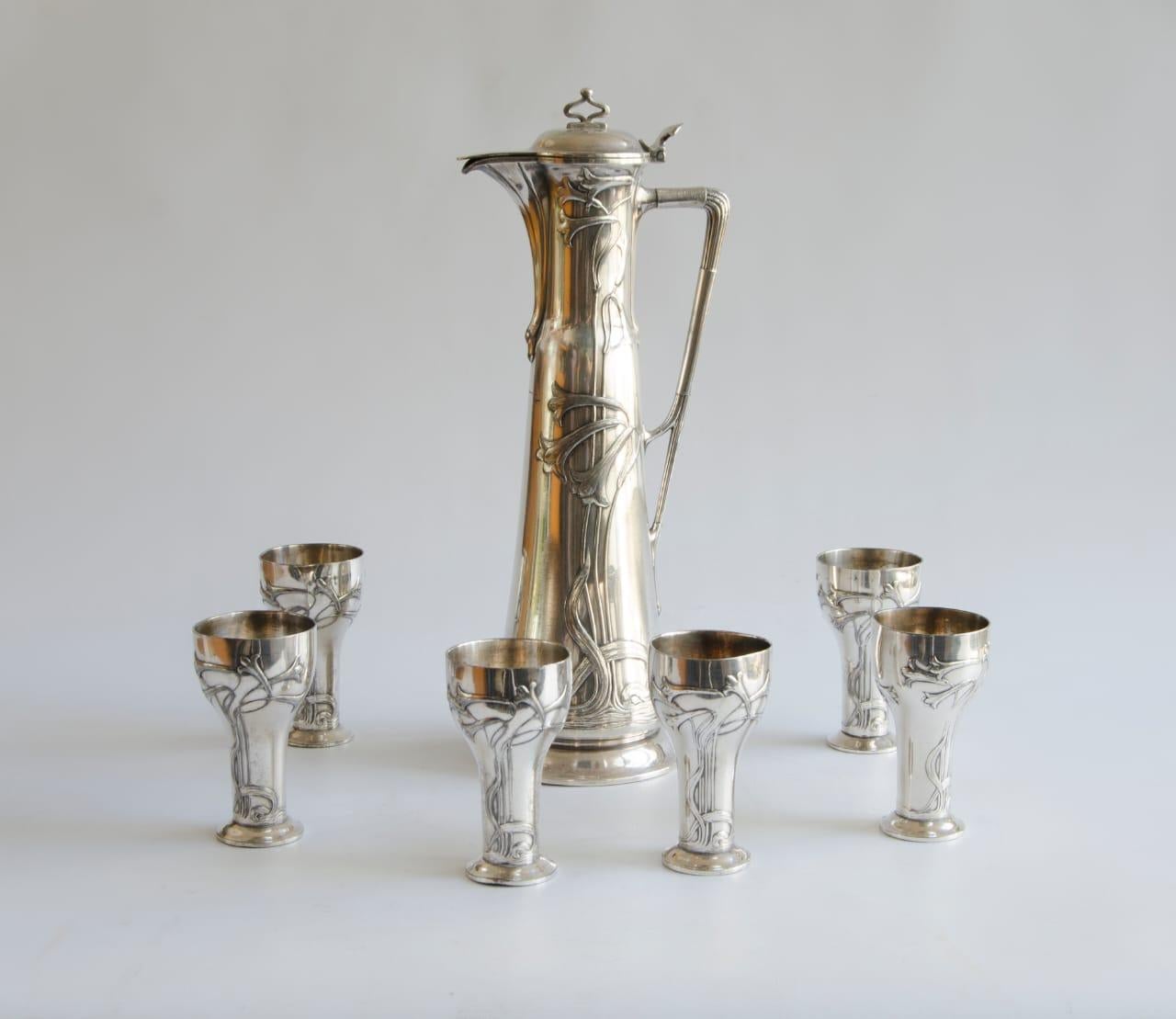 Art Nouveau WMF Chocolate Maker and Her Six Glasses For Sale