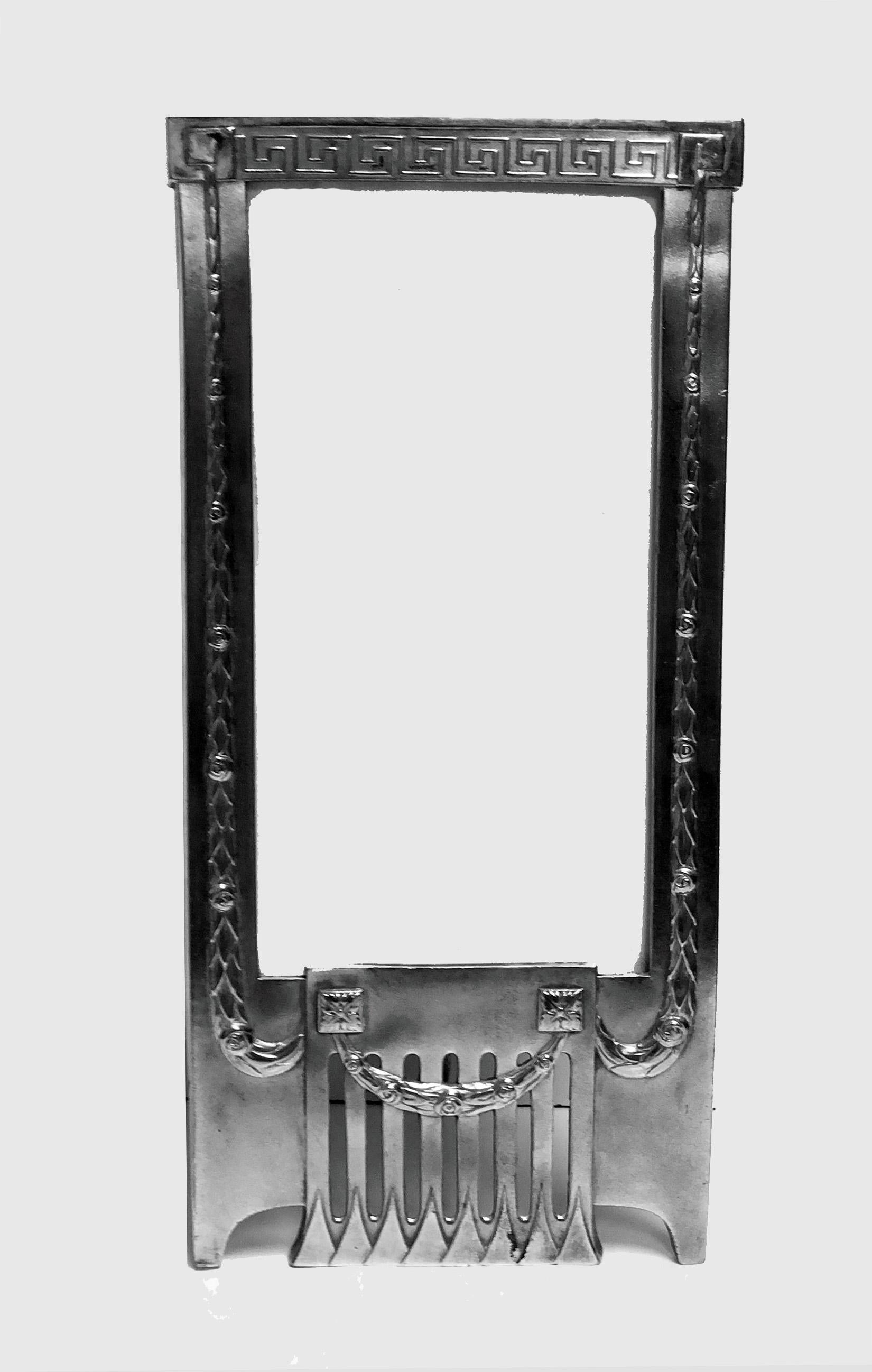WMF Jugendstil Art Nouveau Secessionist Photograph Frame, Germany C.1905. The rare design pewter frame of horizontal rectangular shape with elongated open panel triangular panel lower frieze, the surround of frame festoon wreath and greek key