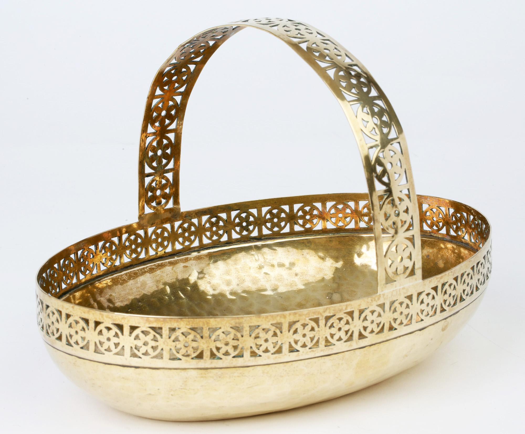 Hammered WMF German Jugendstil Pierced Brass Bread Basket in Manner of Josef Hoffmann