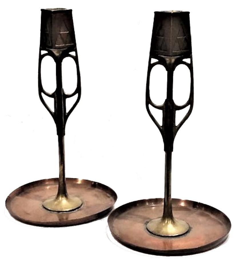 Early 20th Century WMF, German Jugenstil, a Pair of Copper & Brass Candlesticks, Ca. 1910 For Sale