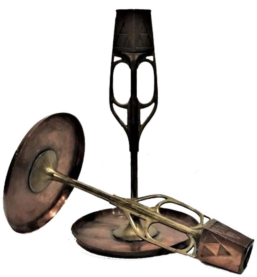 WMF, German Jugenstil, a Pair of Copper & Brass Candlesticks, Ca. 1910 For Sale 1