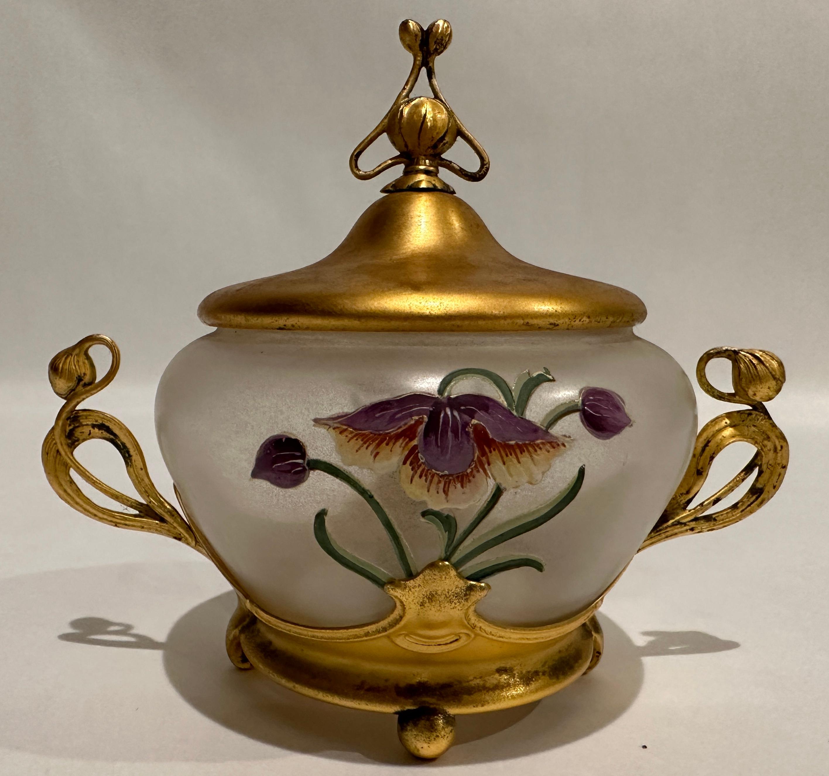 WMF Art Nouveau Germany painted glass and gilt dresser box, 1900s. An exceptional example of the WMF Art Nouveau workmanship, combining the gilt figural stylized handles, holding an exquisitely enamel painted frosted glass body, with stylized