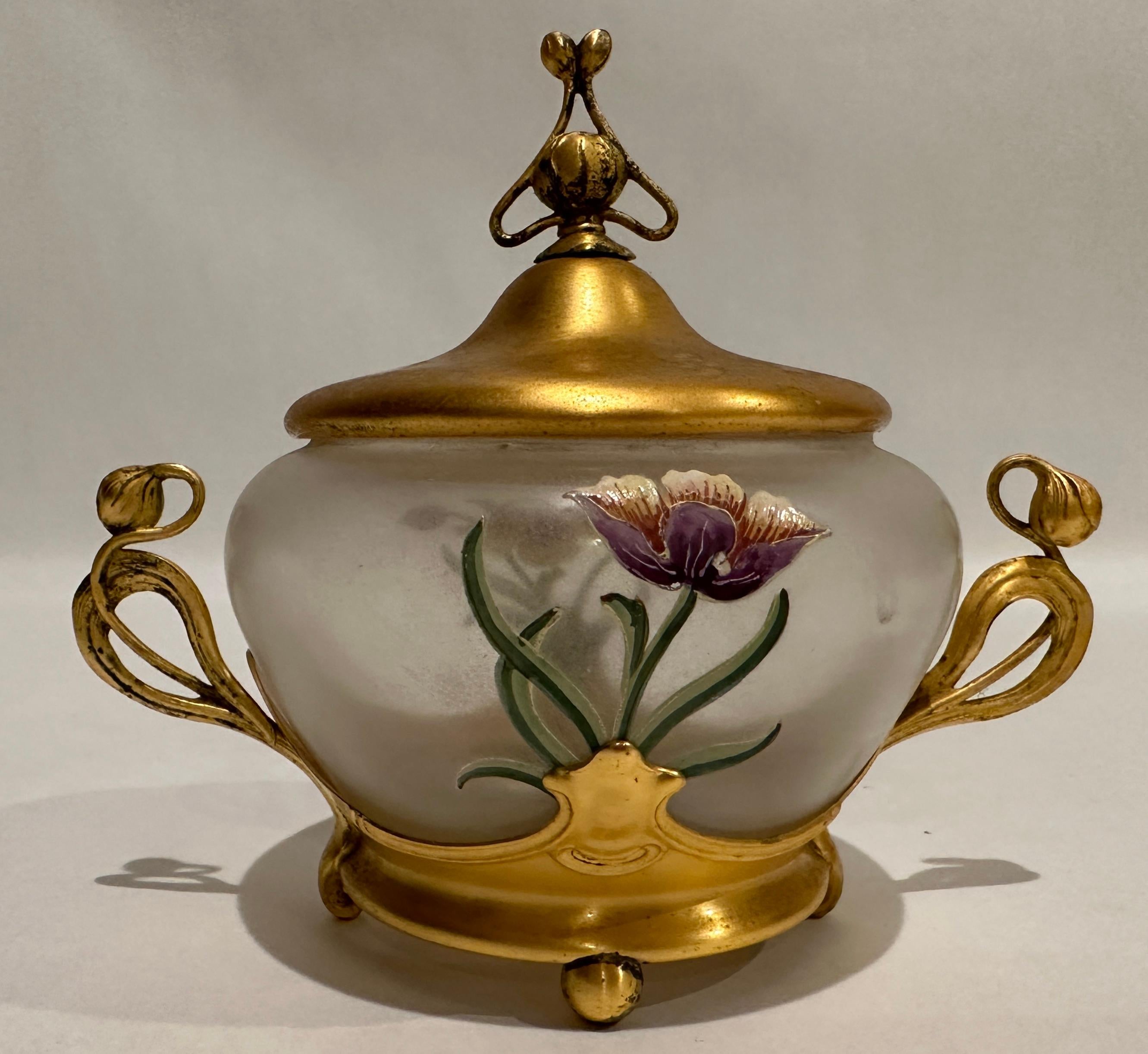 Art Nouveau WMF Gilt and Painted Glass Covered Box For Sale
