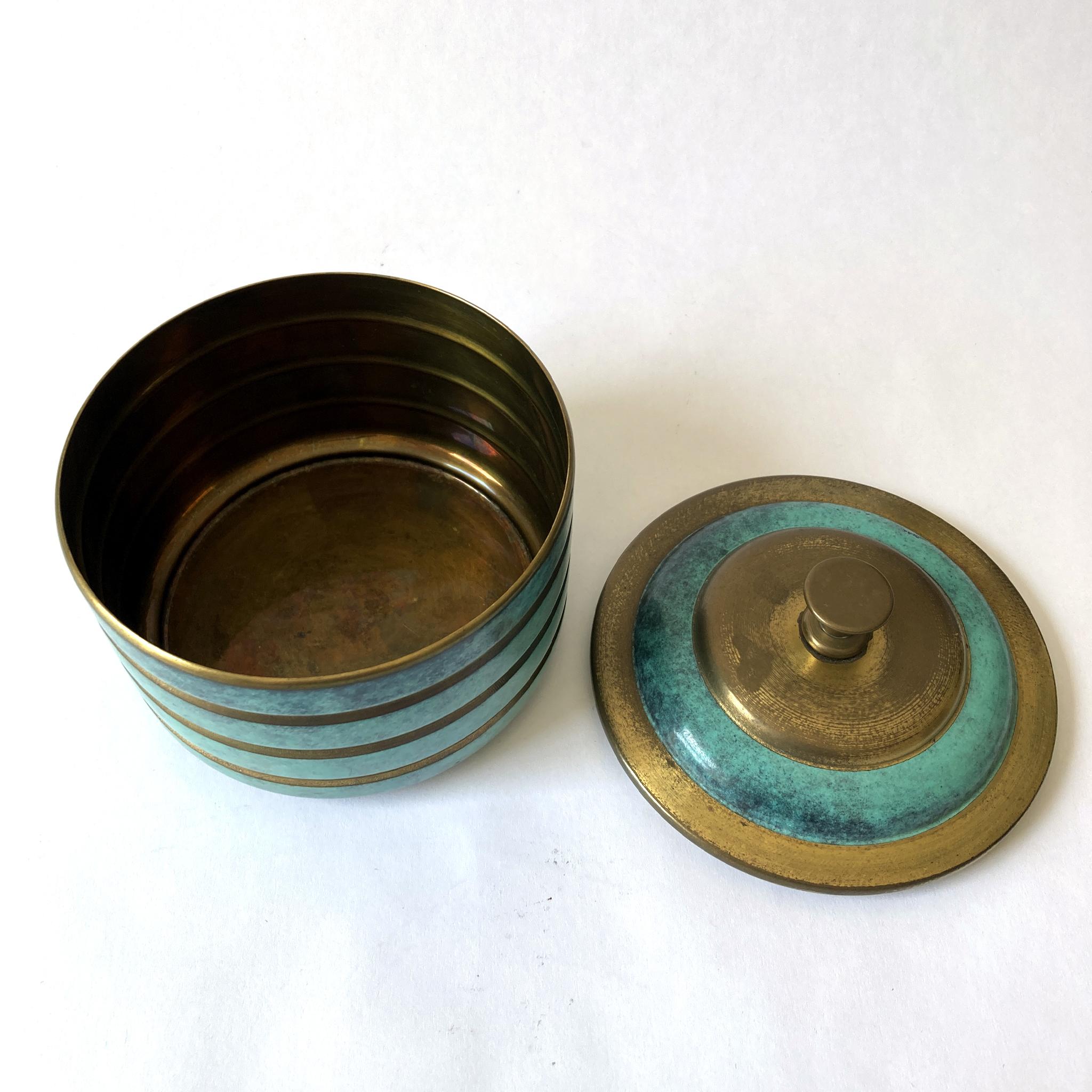 Early 20th Century WMF Ikora Green Patinated Metal Round Lidded Box, 1920s