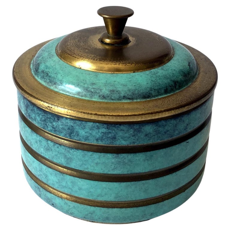 WMF Ikora 1920s Patinated Metal Round Lidded Box, Green Gold For Sale at 1stDibs
