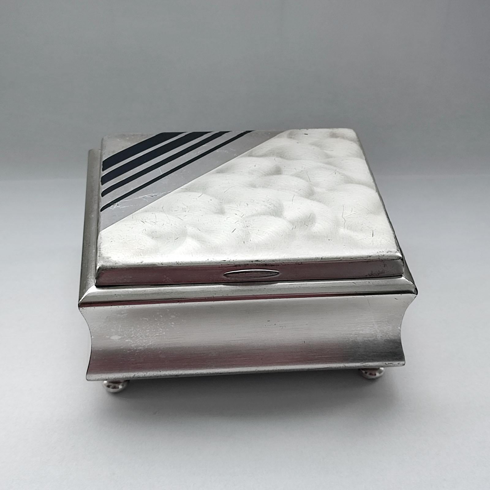 German WMF Ikora Art Deco Silver Plate and Black Enamel Cigarettes Box with Lid For Sale