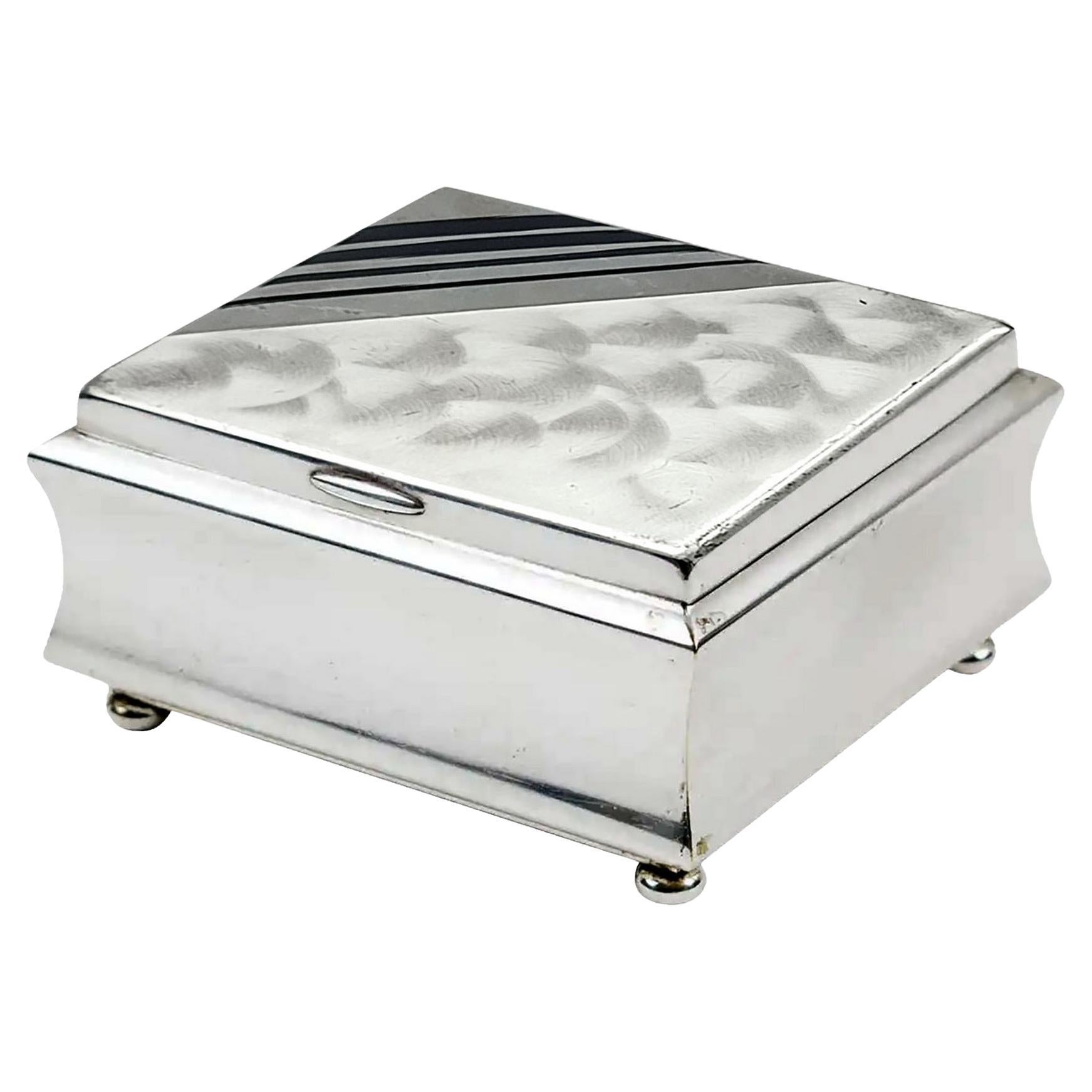 WMF Ikora Art Deco Silver Plate and Black Enamel Cigarettes Box with Lid For Sale