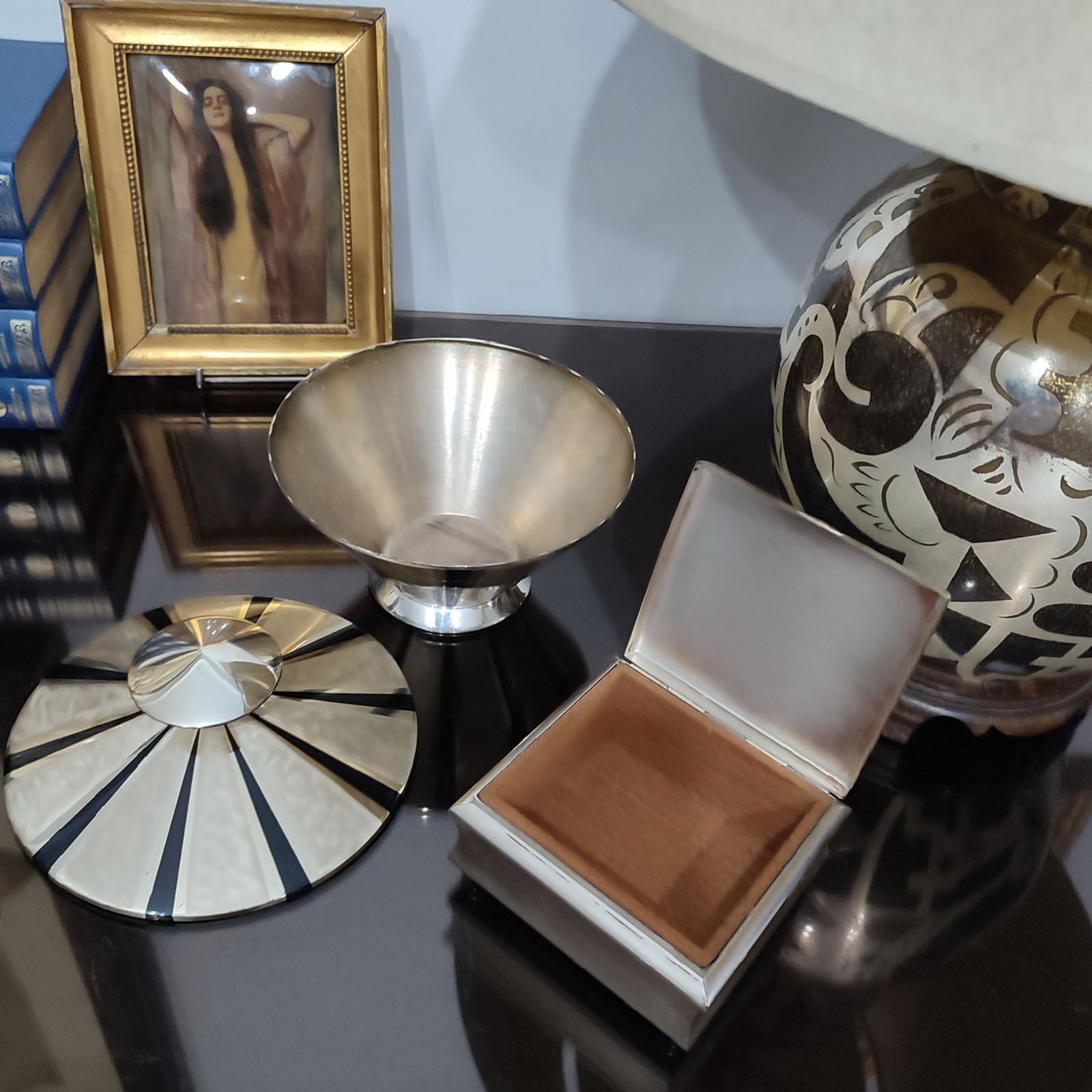 German WMF Ikora Art Deco Silver Plate Decorative Box with Black Enamel Accent